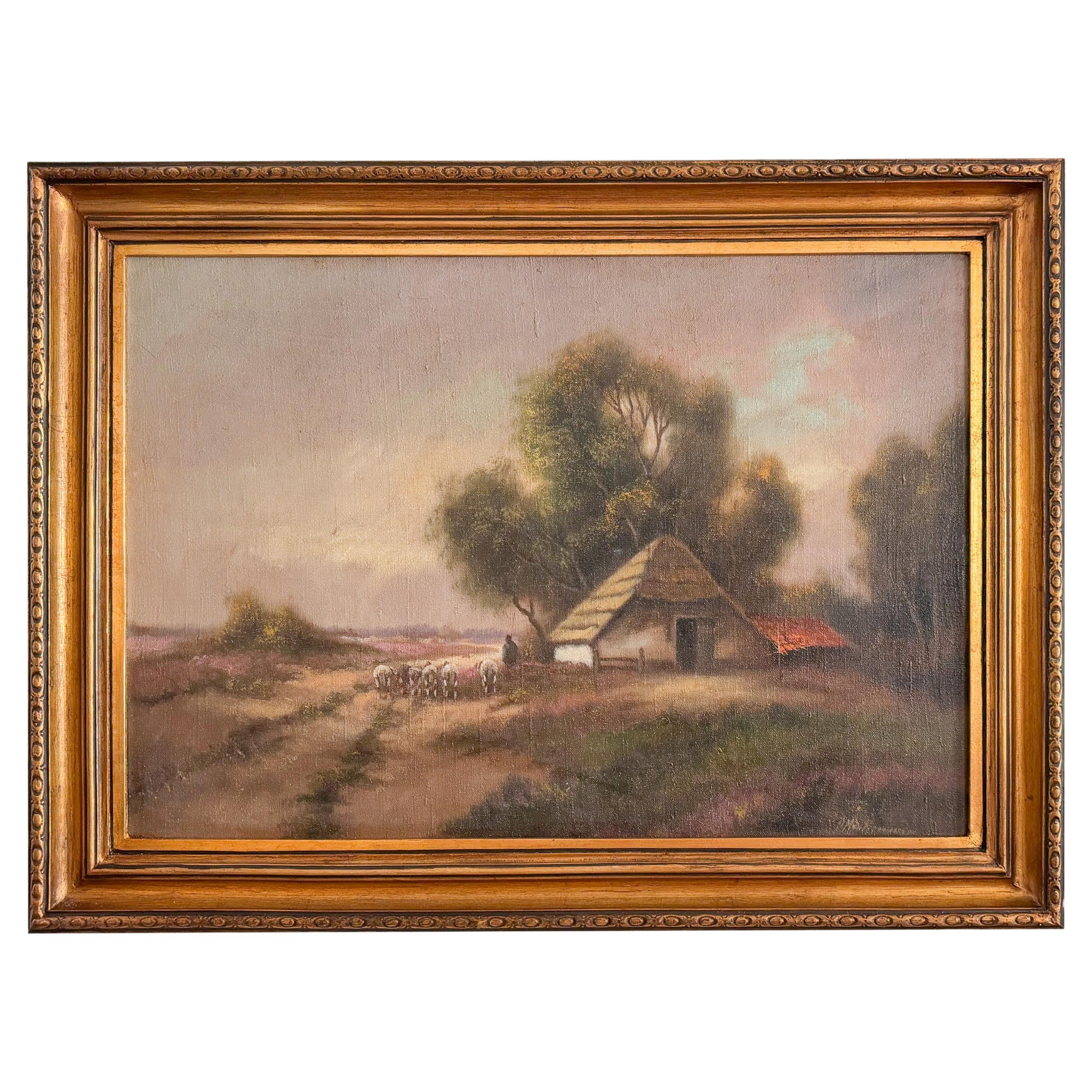 Rustic Hay Cottage Oil Painting, Countryside Scene, 1900s