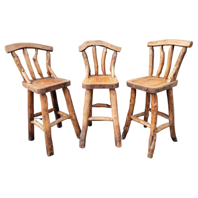 Rustic Hickory Bar Stools, Set of 3 For Sale at 1stDibs
