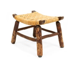 Rustic Hickory Footstool with Woven Cane Seat