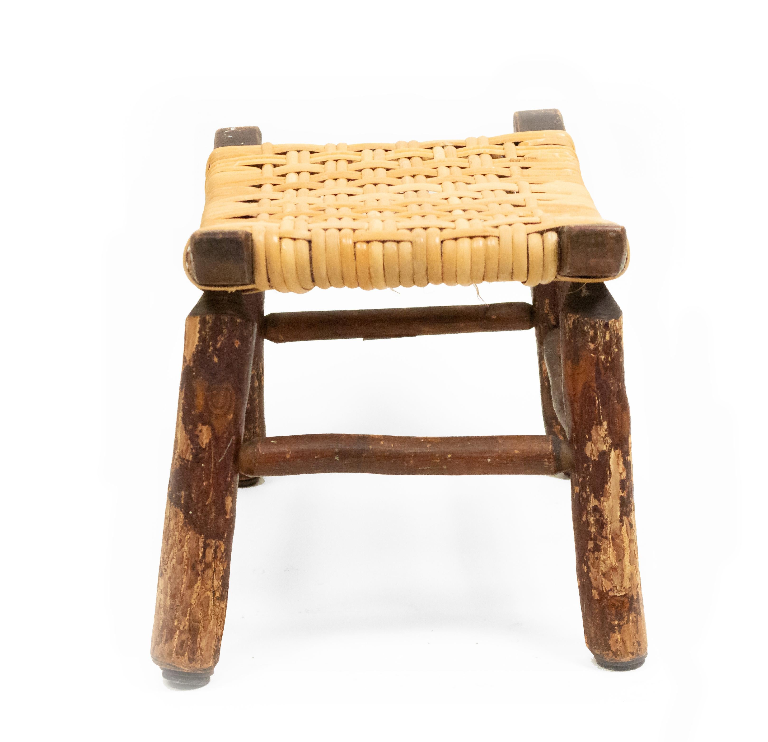 Rustic Hickory Footstool with Woven Cane Seat In Good Condition For Sale In New York, NY