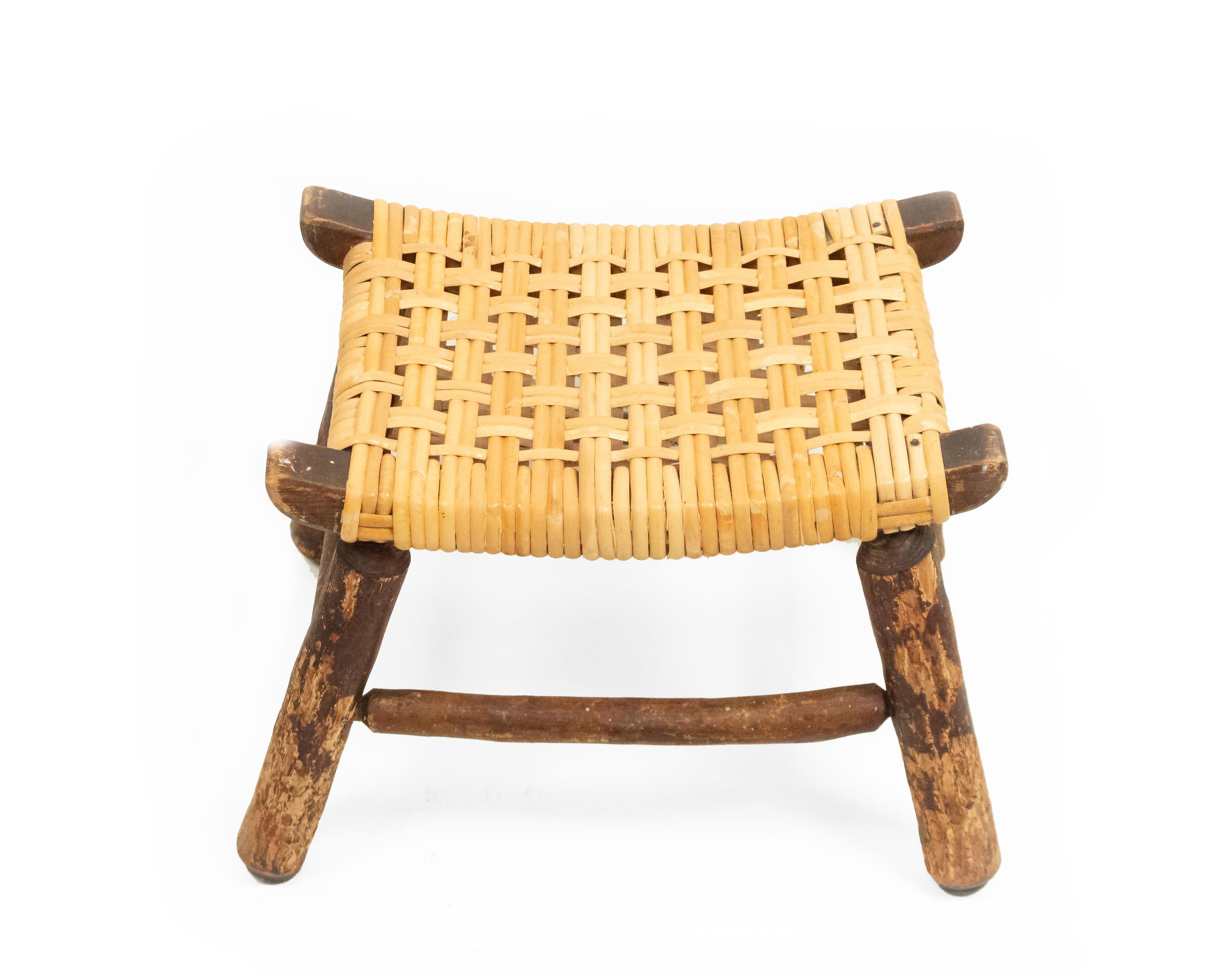20th Century Rustic Hickory Footstool with Woven Cane Seat For Sale