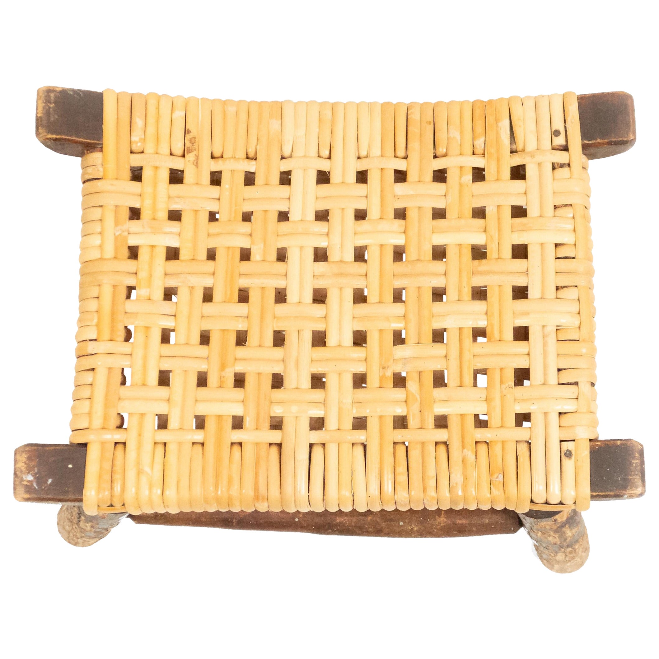 Rustic Hickory Footstool with Woven Cane Seat For Sale