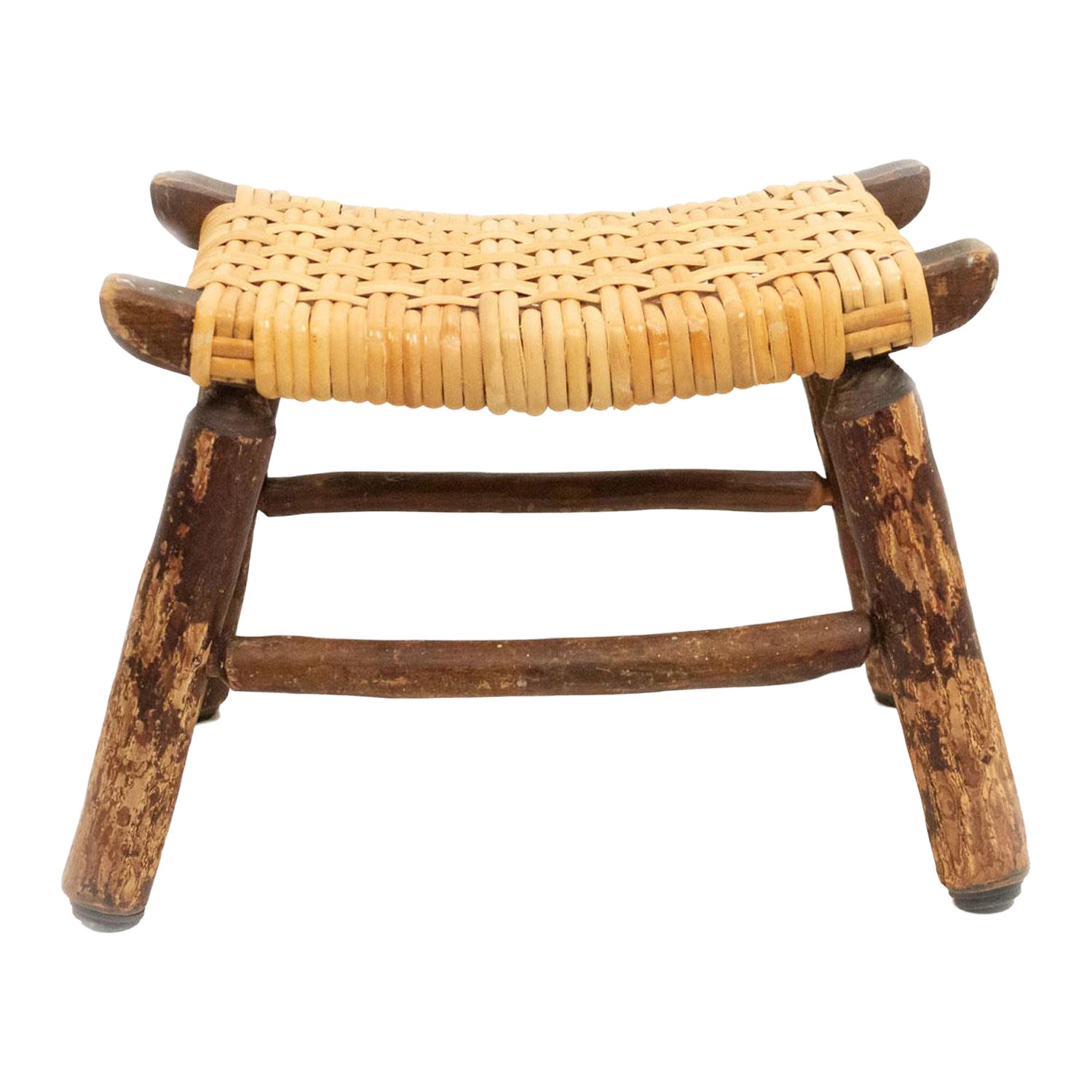 Rustic Hickory Footstool with Woven Cane Seat For Sale