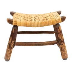 Rustic Hickory Footstool with Woven Cane Seat