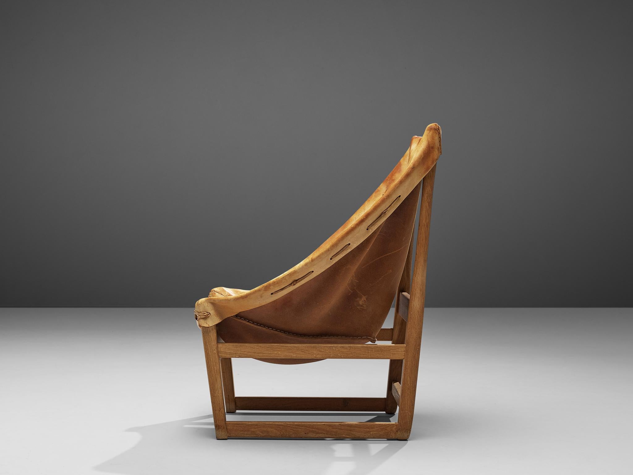 Chaise de chasse française en cuir et chêne cognac en vente 4