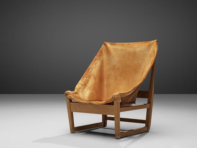 Rustic Hunting Chair in Cognac Leather and Oak For Sale at 1stDibs