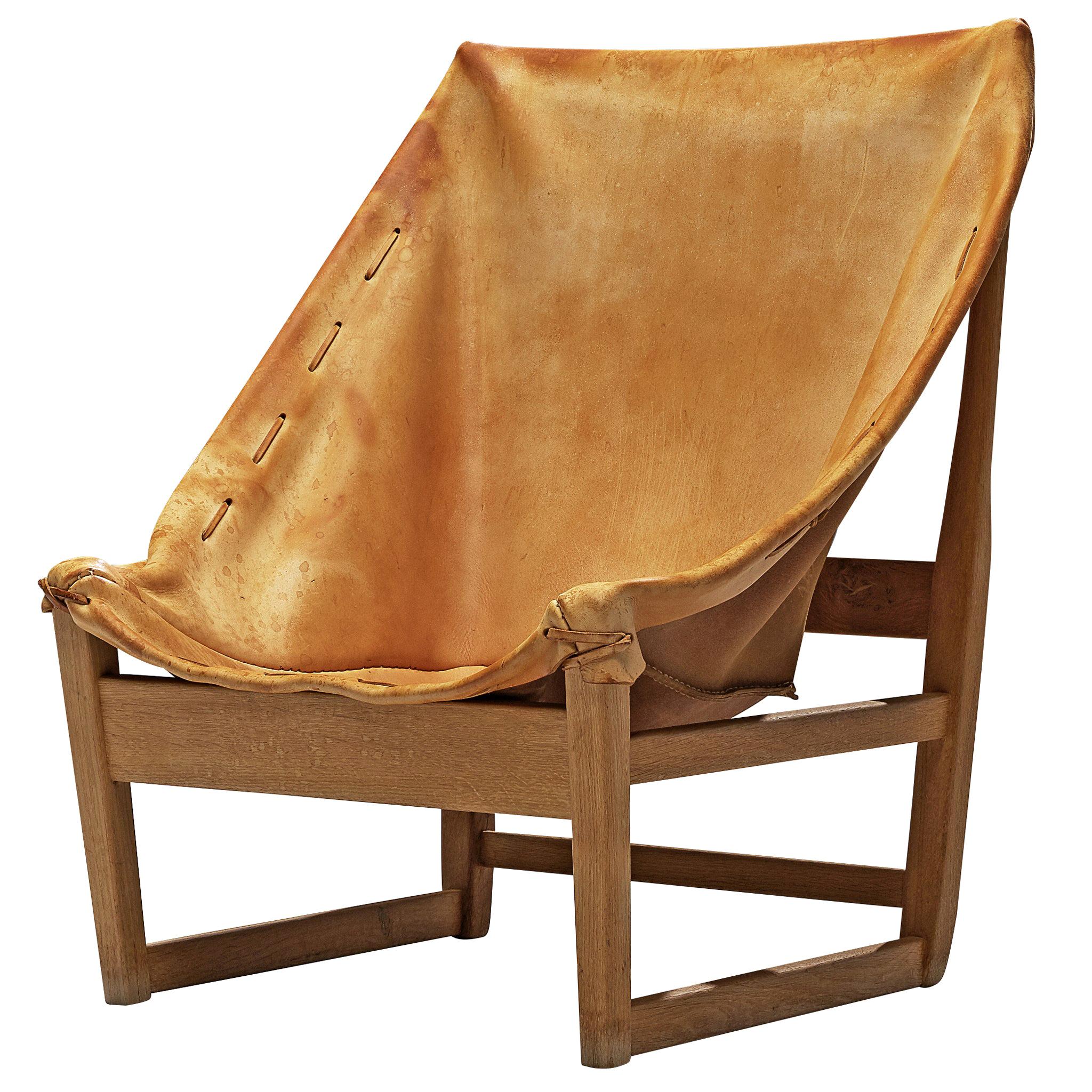 Chaise de chasse française en cuir et chêne cognac