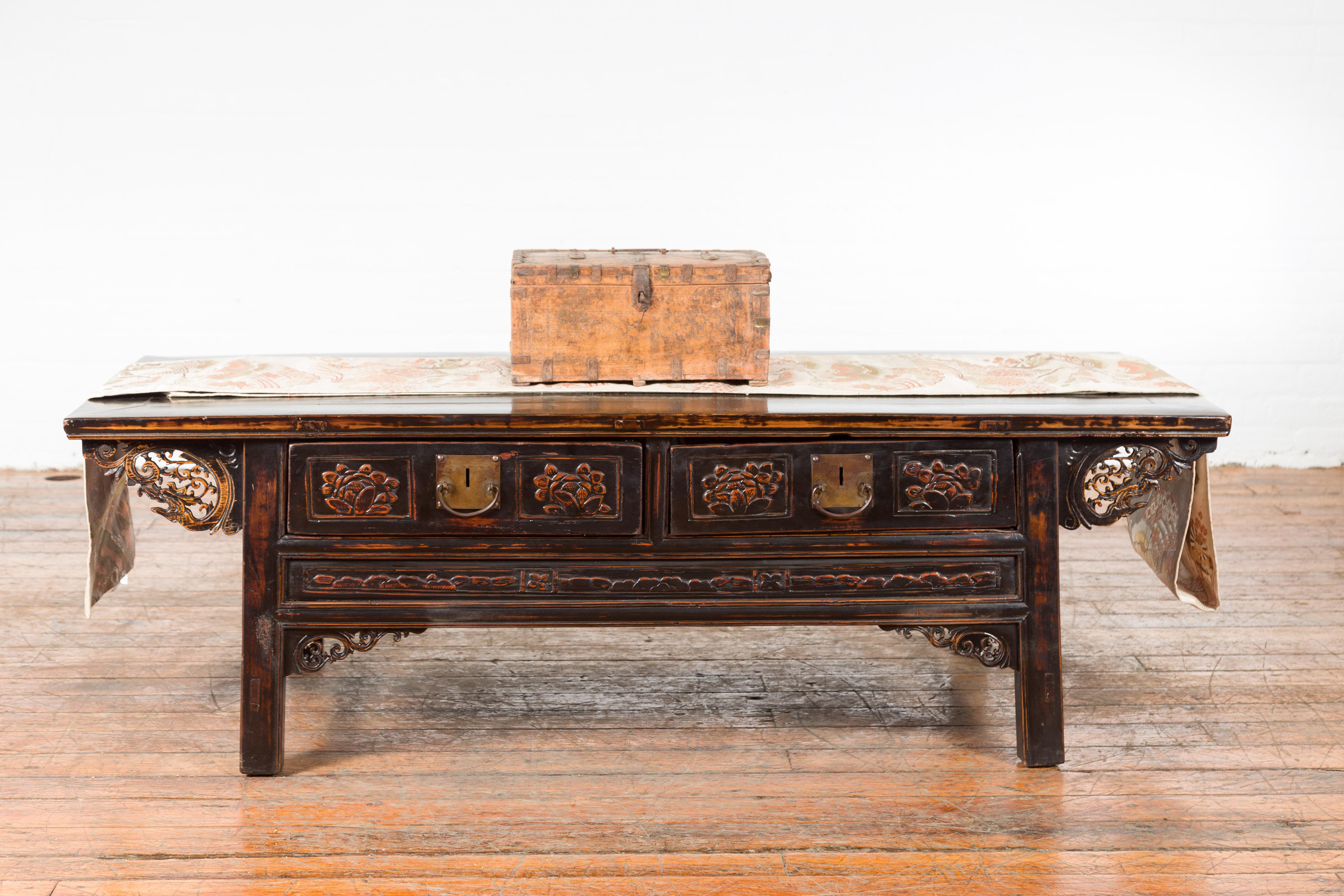 Rustic Indian 19th Century Compartmented Box with Iron Details and Carved Motifs In Good Condition For Sale In Yonkers, NY