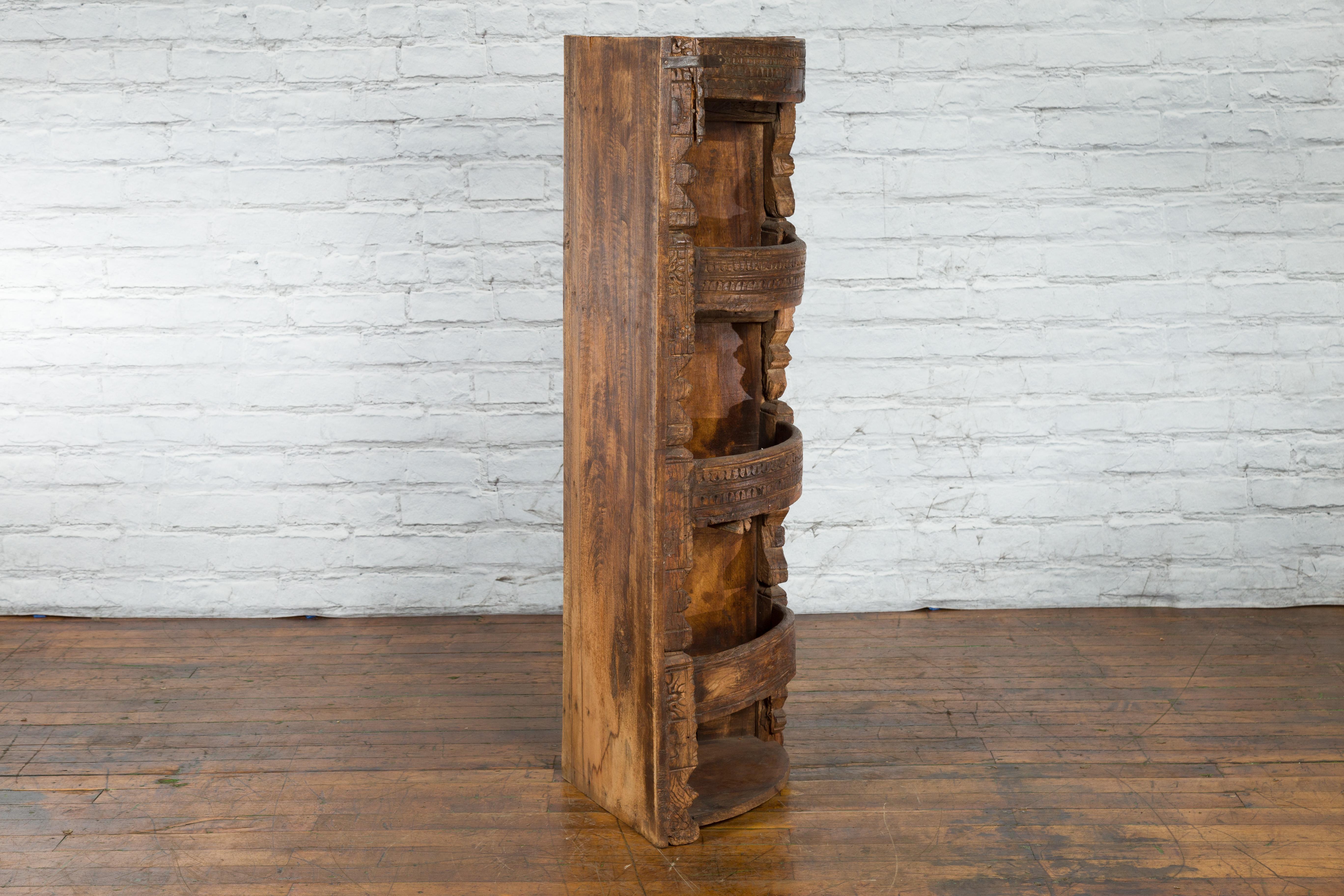 Rustic Indian 19th Century Corner Cabinet with Carved Motifs and Shelves For Sale 5