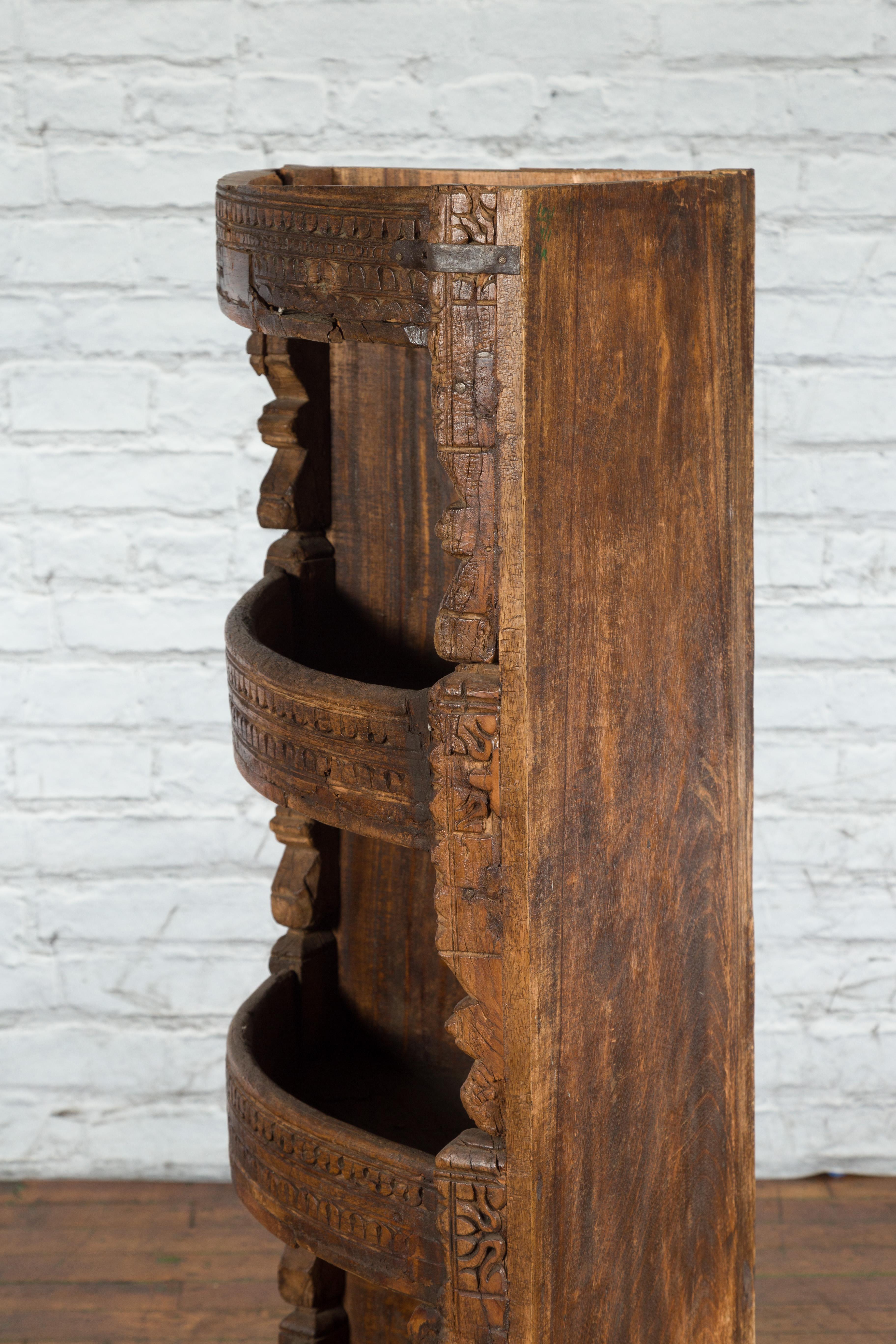 Rustic Indian 19th Century Corner Cabinet with Carved Motifs and Shelves For Sale 8