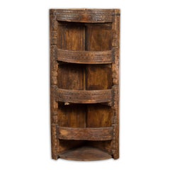Rustic Indian 19th Century Corner Cabinet with Carved Motifs and Shelves