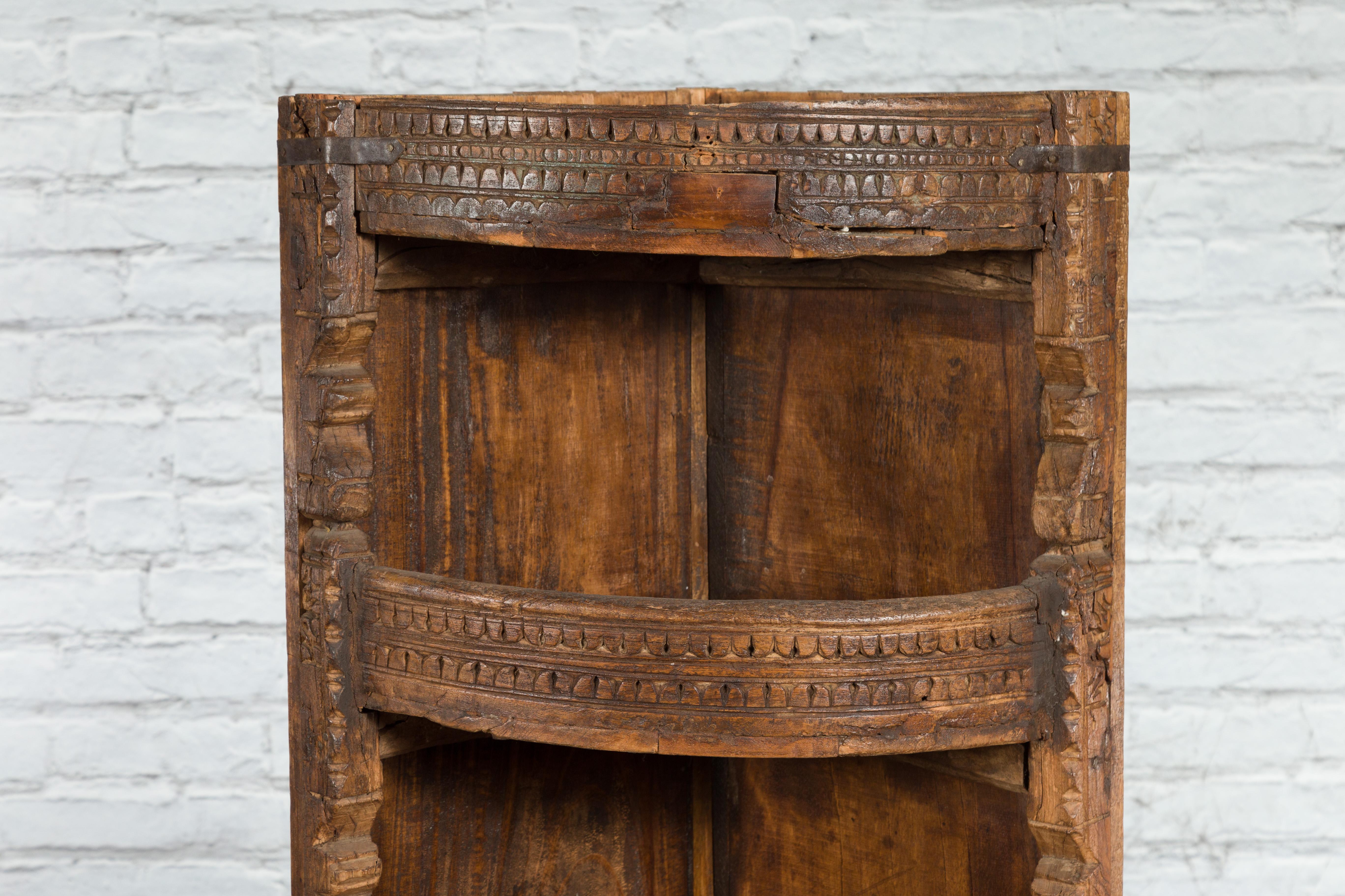 Rustic Indian 19th Century Corner Cabinet with Carved Motifs and Shelves In Good Condition For Sale In Yonkers, NY