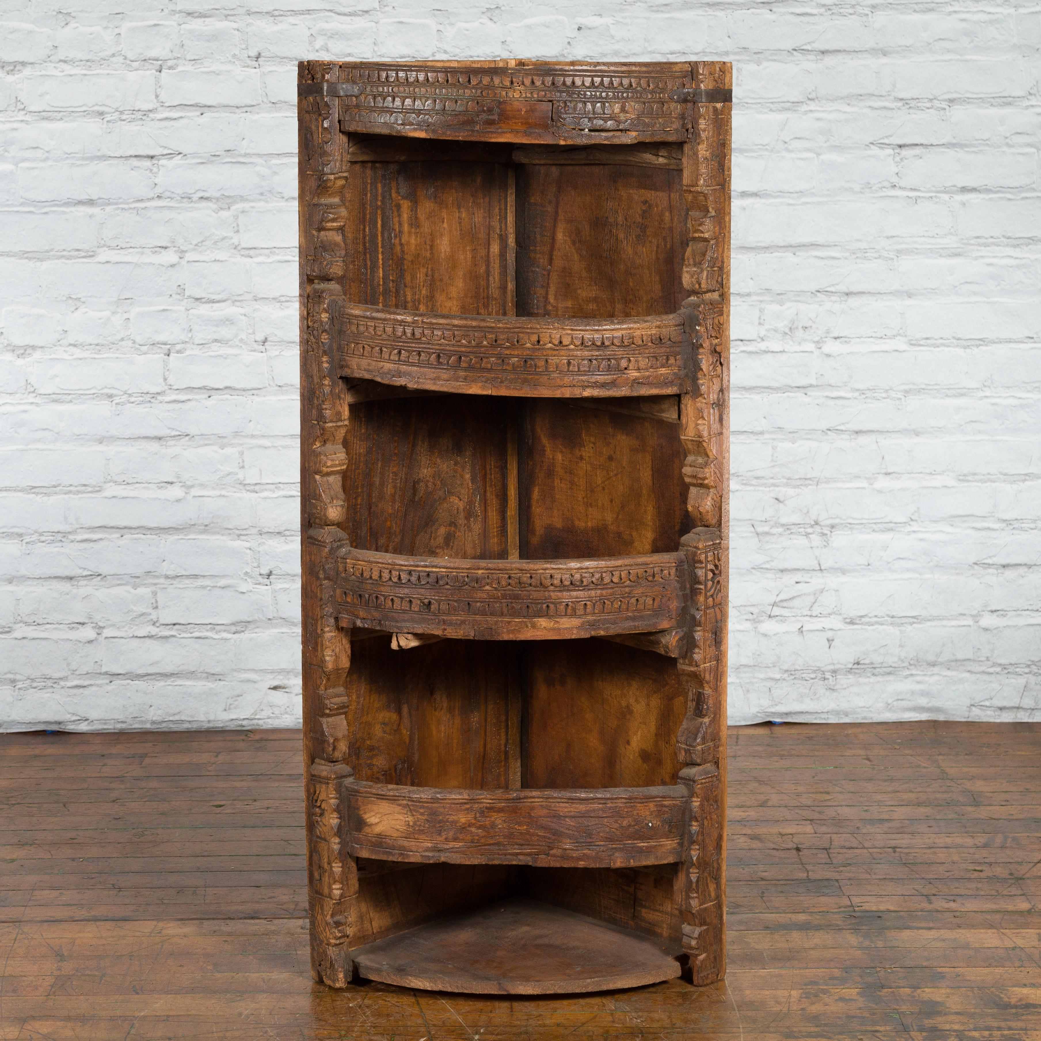 Rustic Indian 19th Century Corner Cabinet with Carved Motifs and Shelves For Sale 2