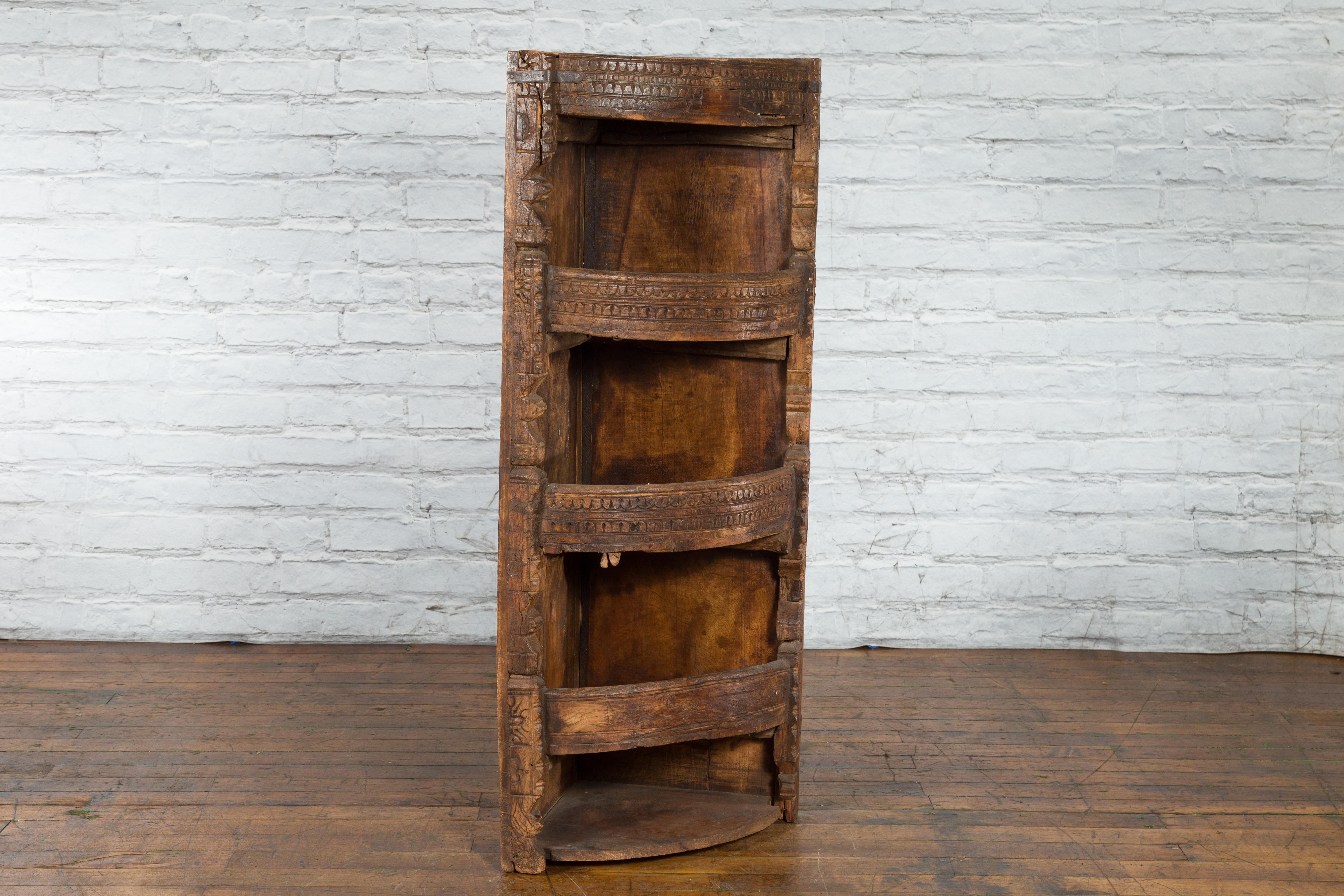 Rustic Indian 19th Century Corner Cabinet with Carved Motifs and Shelves For Sale 4