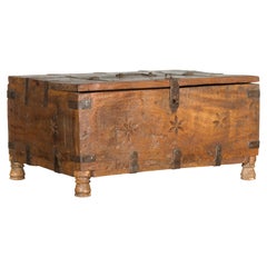 Antique Rustic Indian 19th Century Sheesham Cash Box with Carved Rosettes and Small Feet