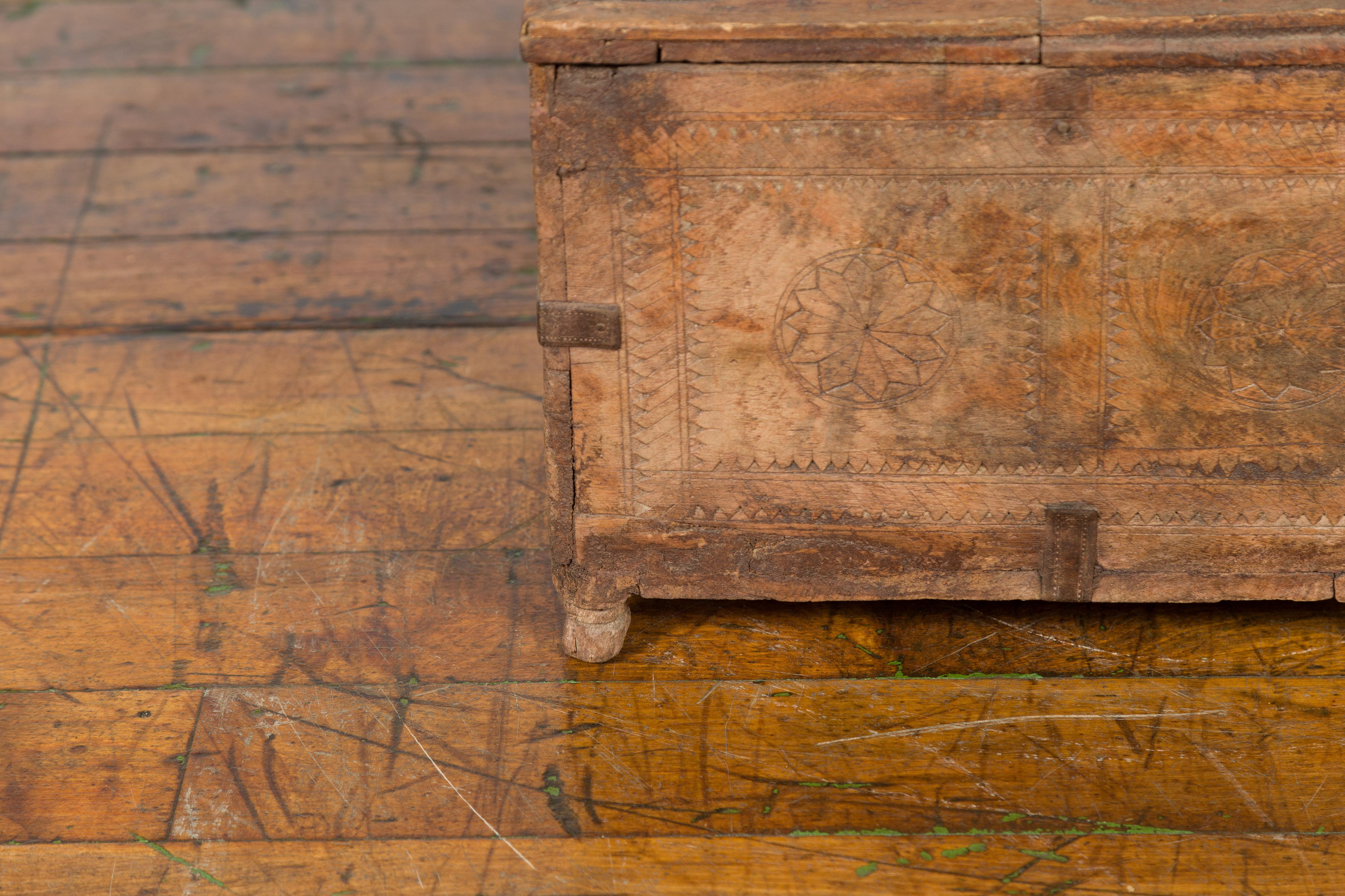 Rustic Indian 19th Century Treasure Box with Carved Rosettes and Small Feet For Sale 8