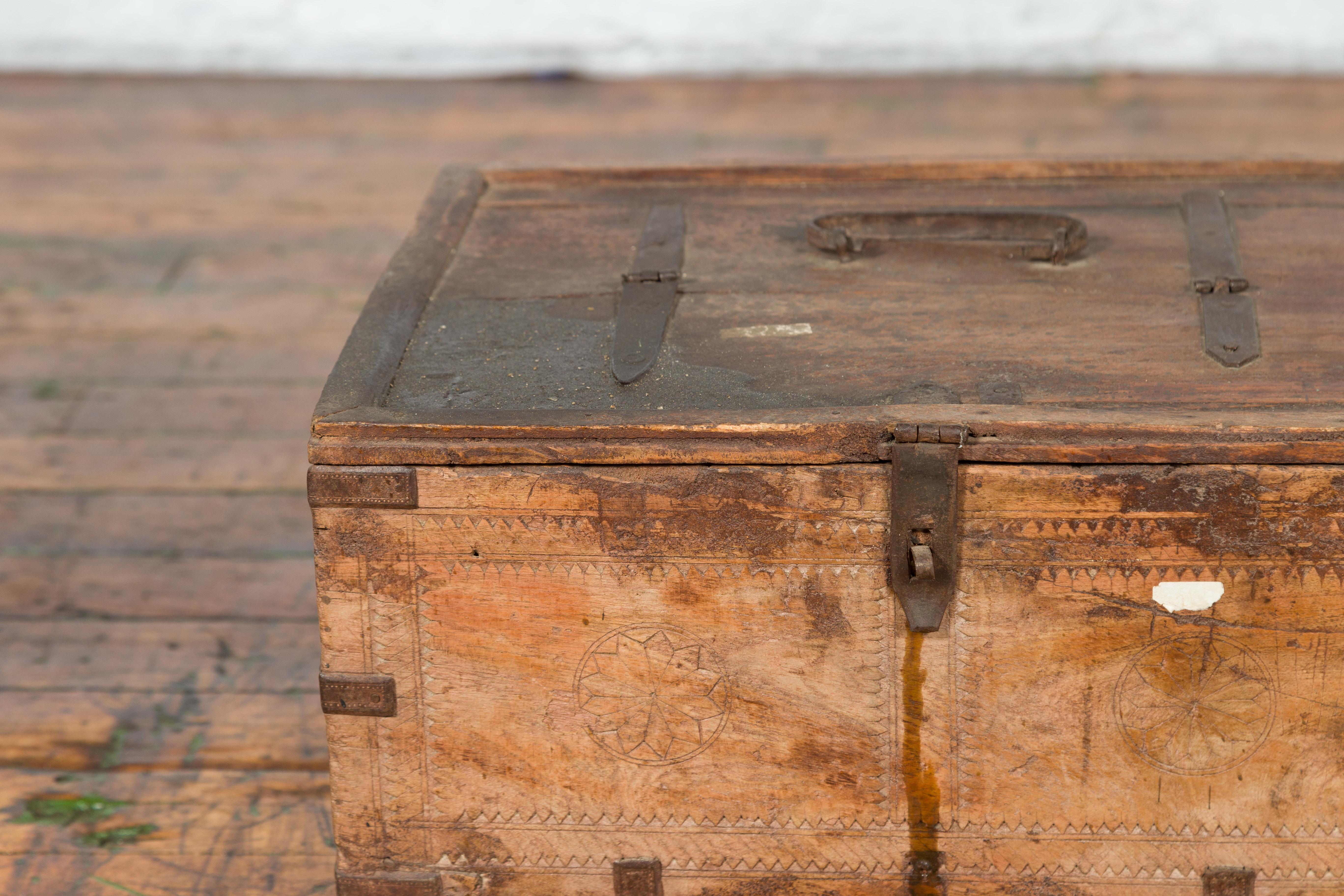 Rustic Indian 19th Century Treasure Box with Carved Rosettes and Small Feet In Good Condition For Sale In Yonkers, NY