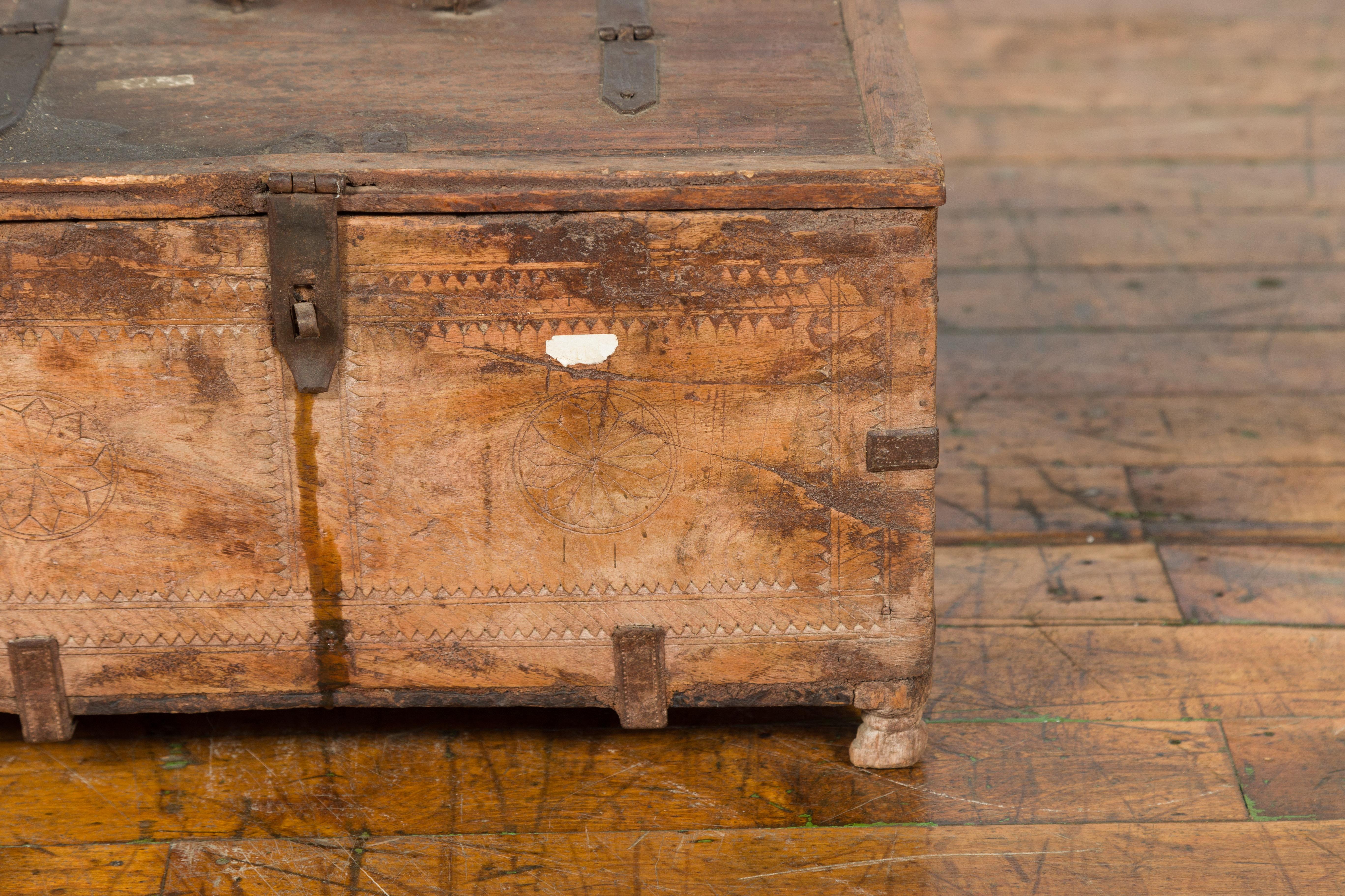 Rustic Indian 19th Century Treasure Box with Carved Rosettes and Small Feet For Sale 1