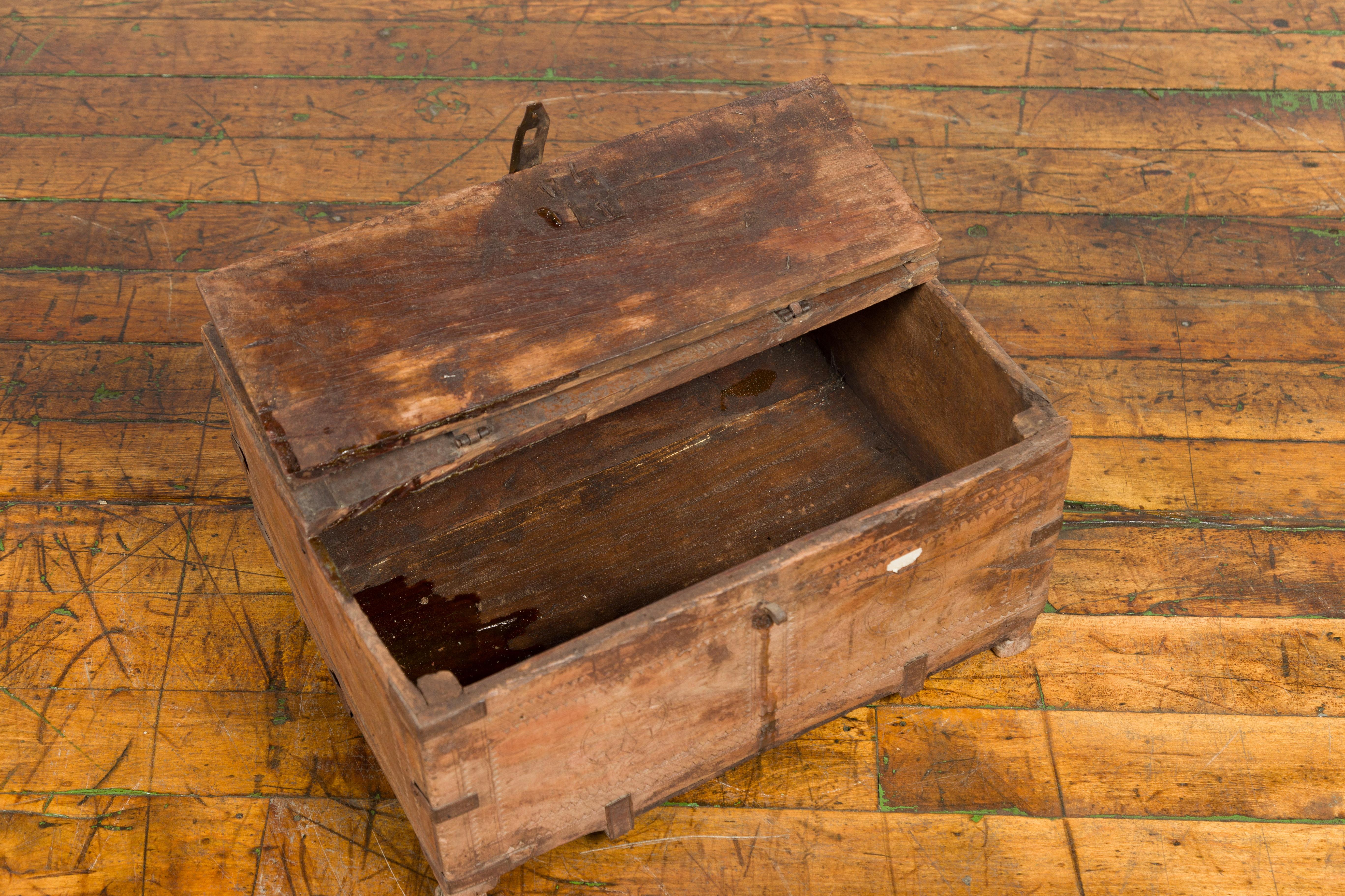 Rustic Indian 19th Century Treasure Box with Carved Rosettes and Small Feet For Sale 3