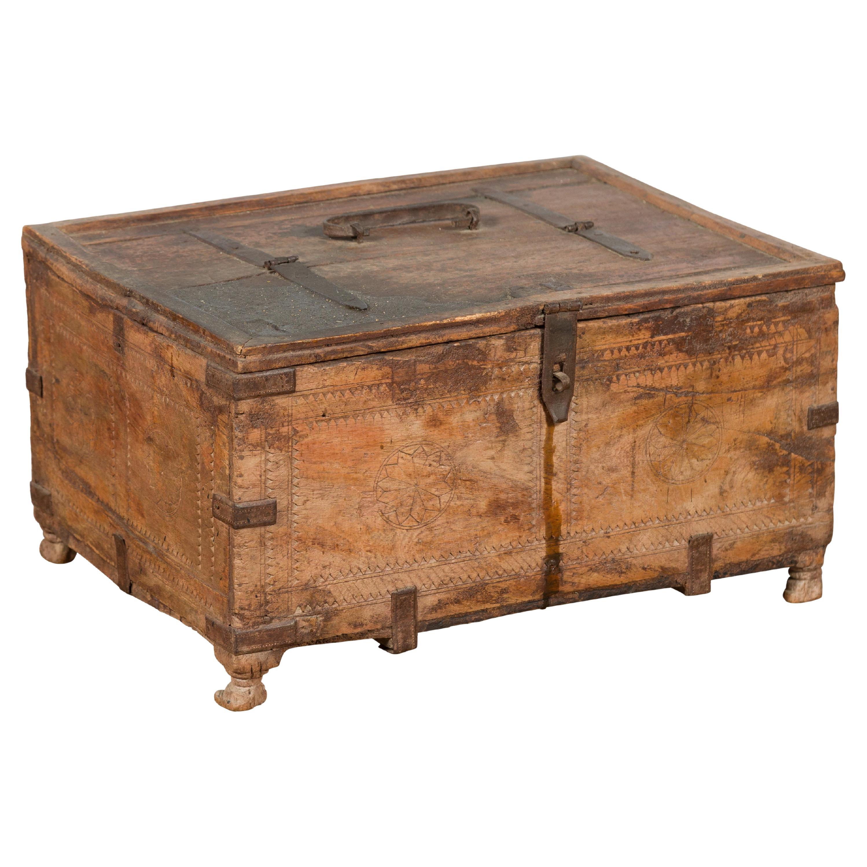 Rustic Indian 19th Century Treasure Box with Carved Rosettes and Small Feet For Sale