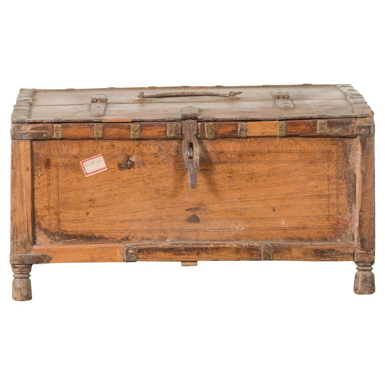 Rustic Indian 19th Century Wooden Box with Iron Details and Concentric ...