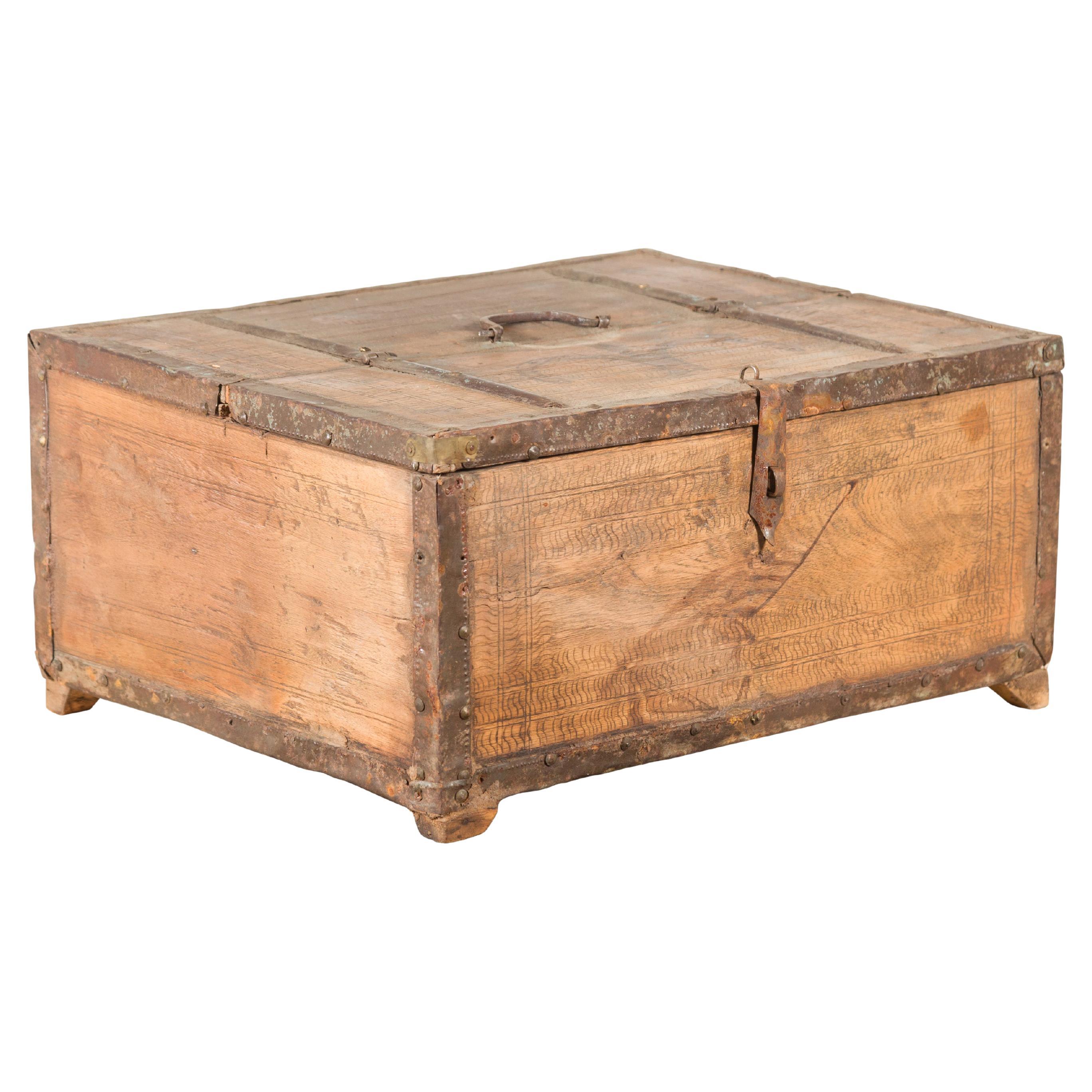 Rustic Indian 19th Century Wooden Box with Iron Details and Incised Motifs