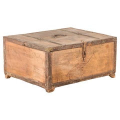 Rustic Indian 19th Century Wooden Box with Iron Details and Incised Motifs