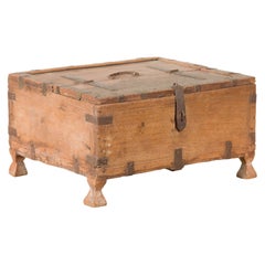 Antique Rustic Indian 19th Century Wooden Box with Iron Details and Pyramidal Feet