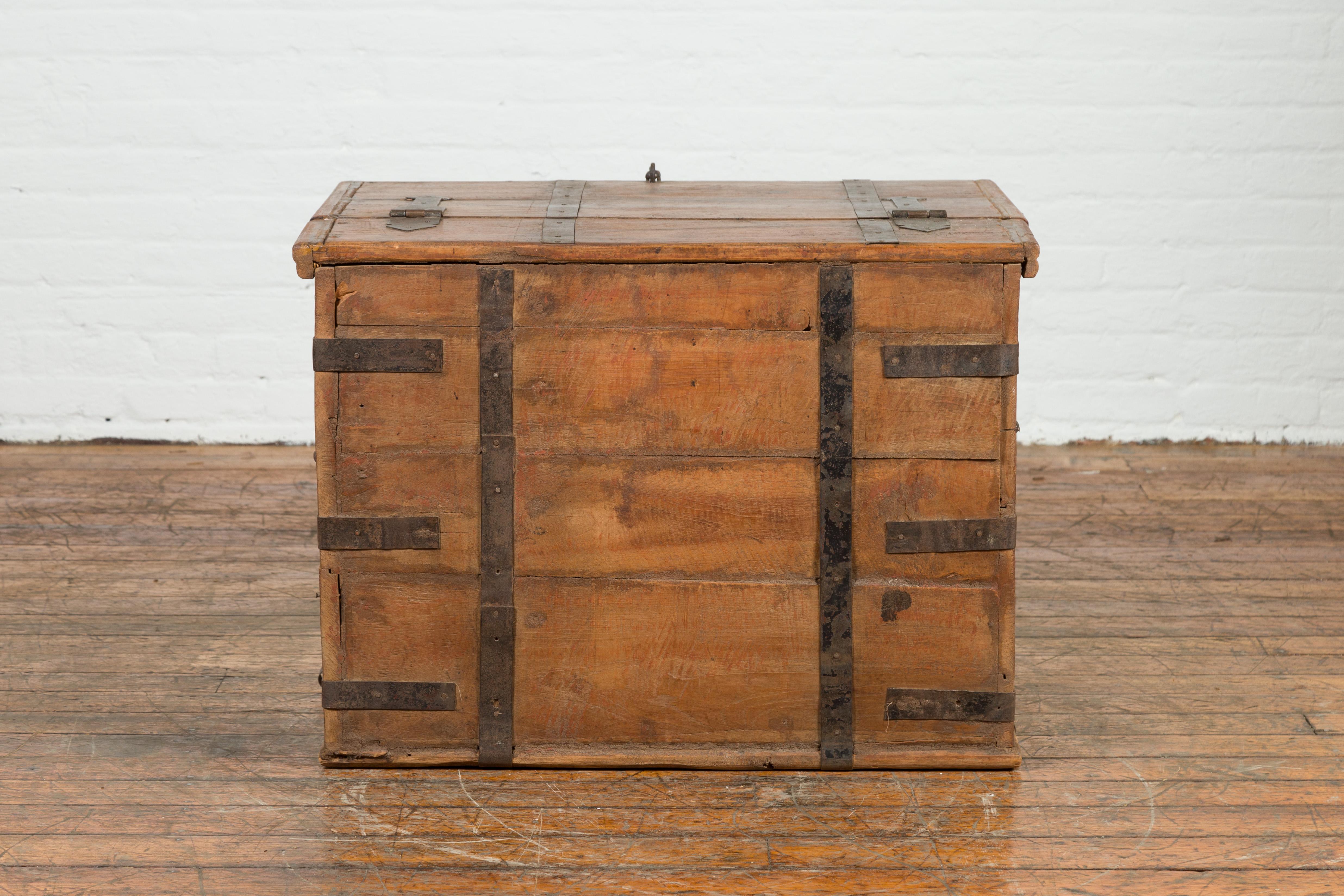 Rustic Indian 19th Century Wooden Trunk with Iron Hardware and Weathered Patina For Sale 7