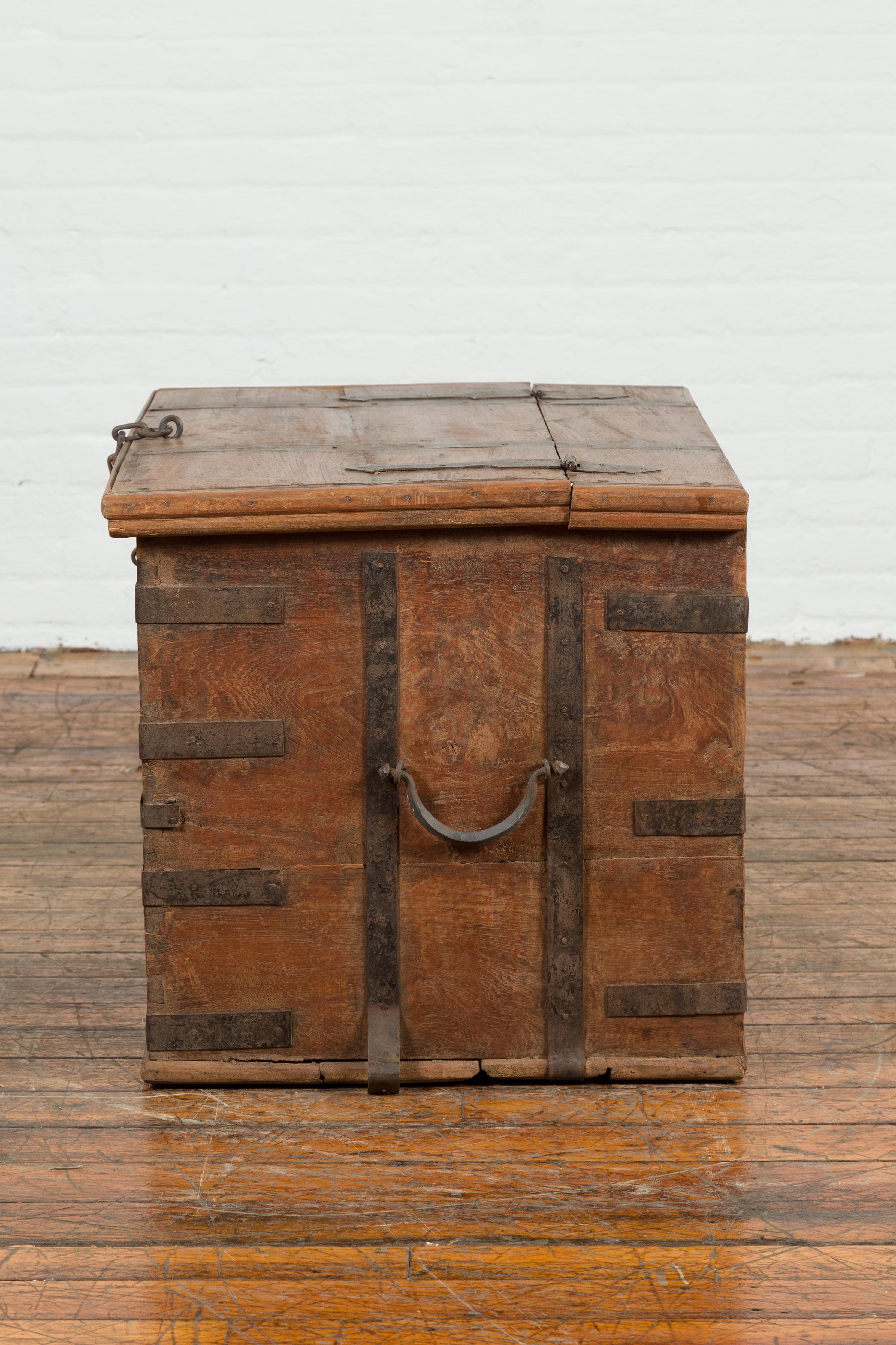 Rustic Indian 19th Century Wooden Trunk with Iron Hardware and Weathered Patina For Sale 8