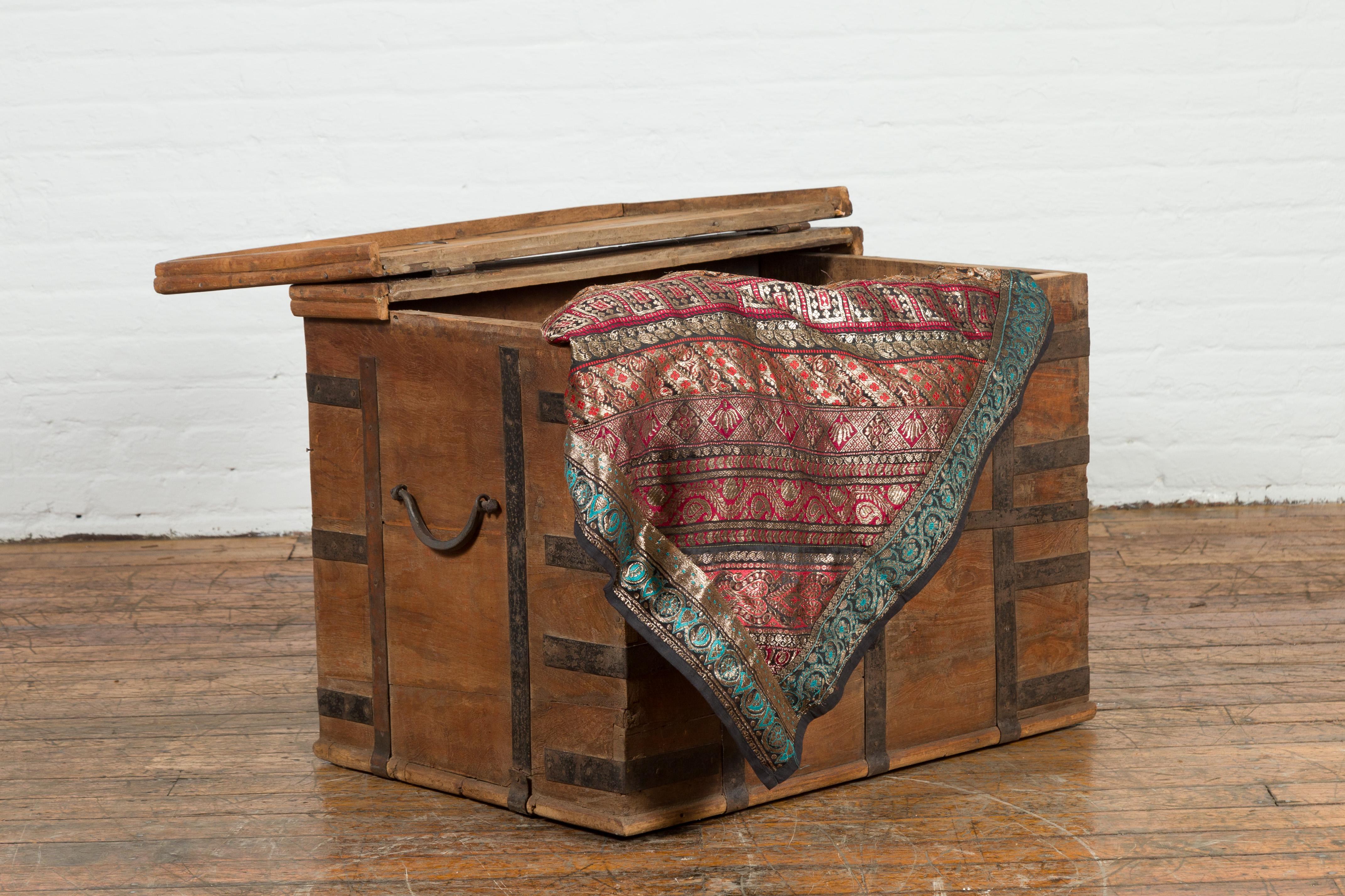 Rustic Indian 19th Century Wooden Trunk with Iron Hardware and Weathered Patina In Good Condition For Sale In Yonkers, NY
