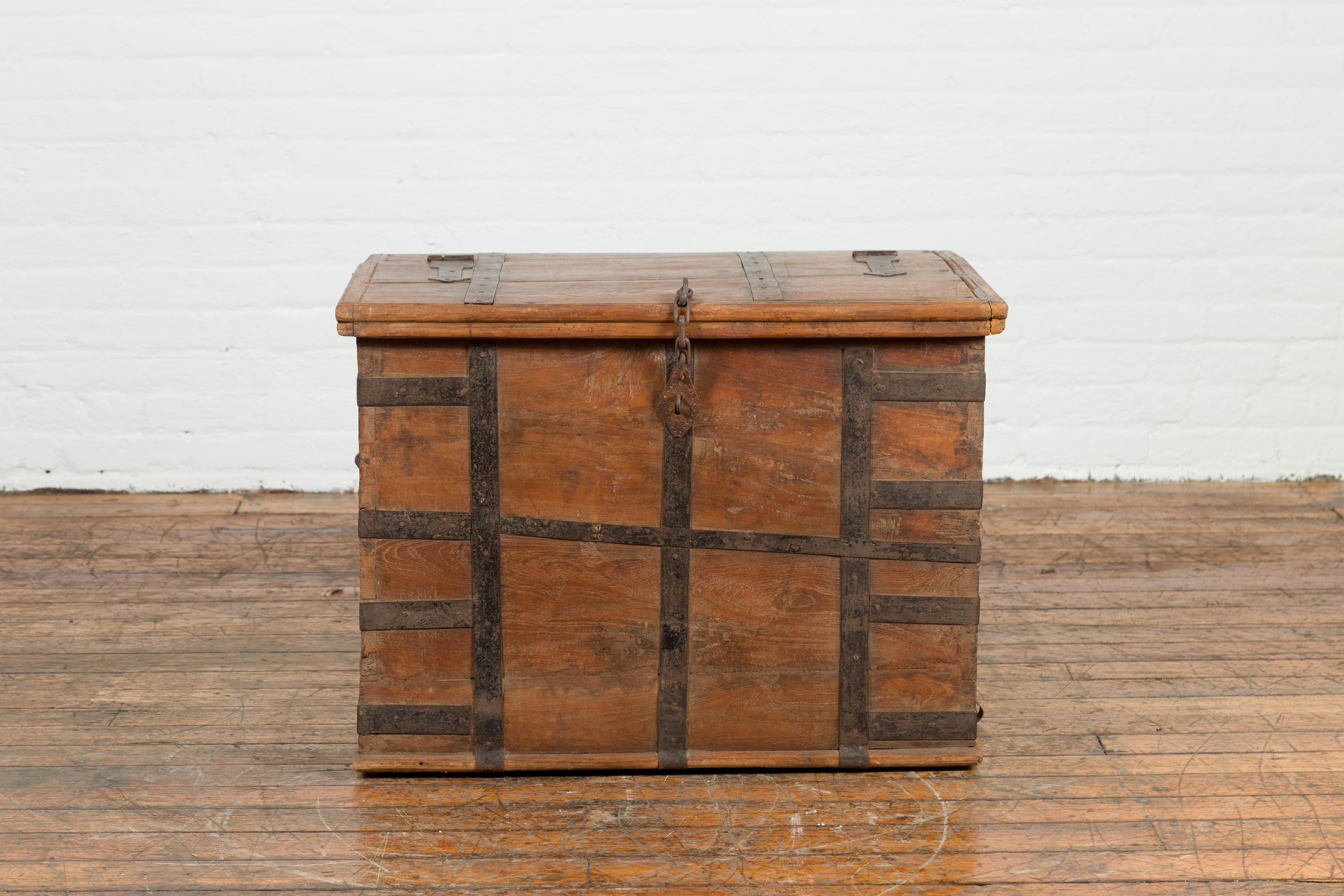 Rustic Indian 19th Century Wooden Trunk with Iron Hardware and Weathered Patina For Sale 1