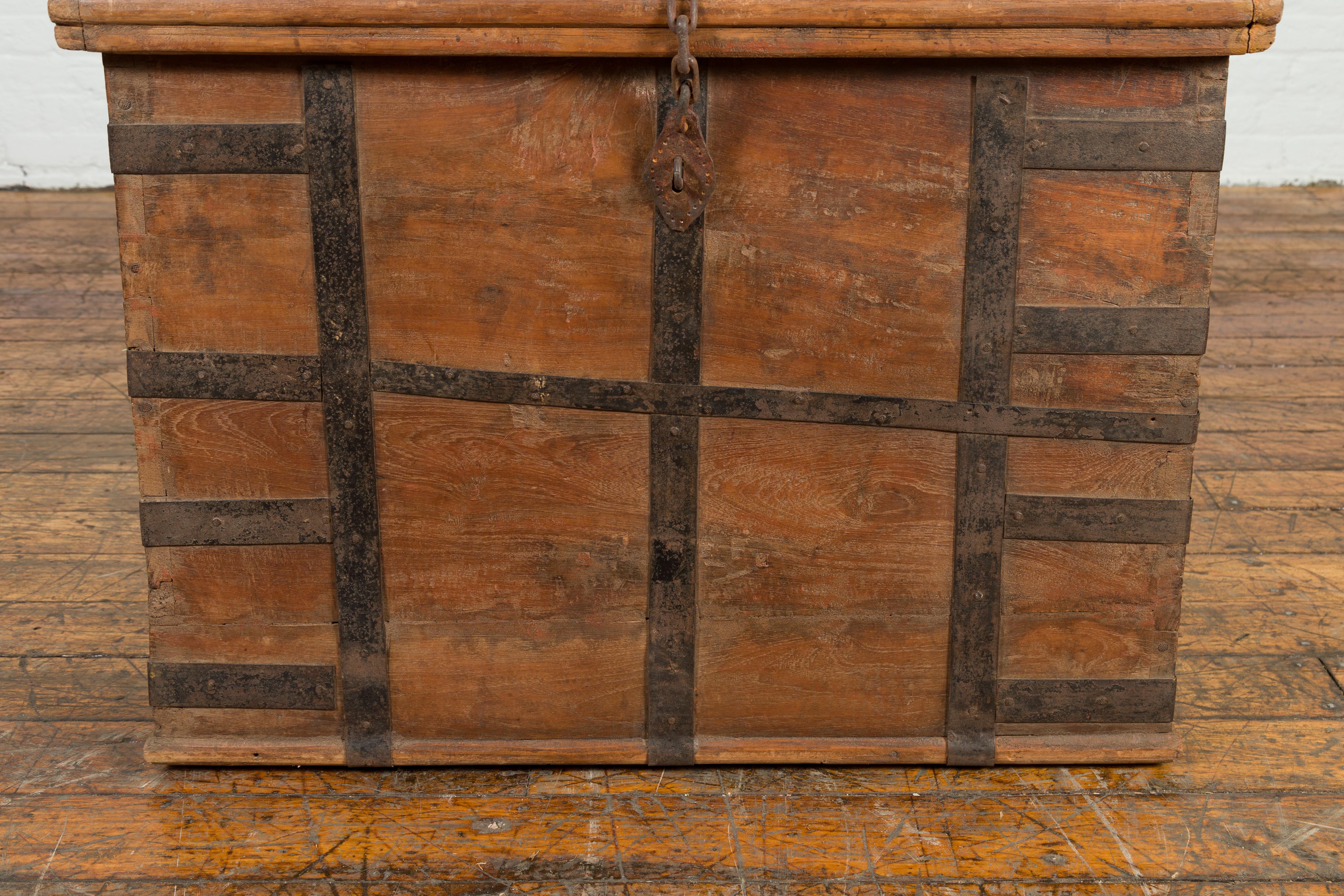 Rustic Indian 19th Century Wooden Trunk with Iron Hardware and Weathered Patina For Sale 2