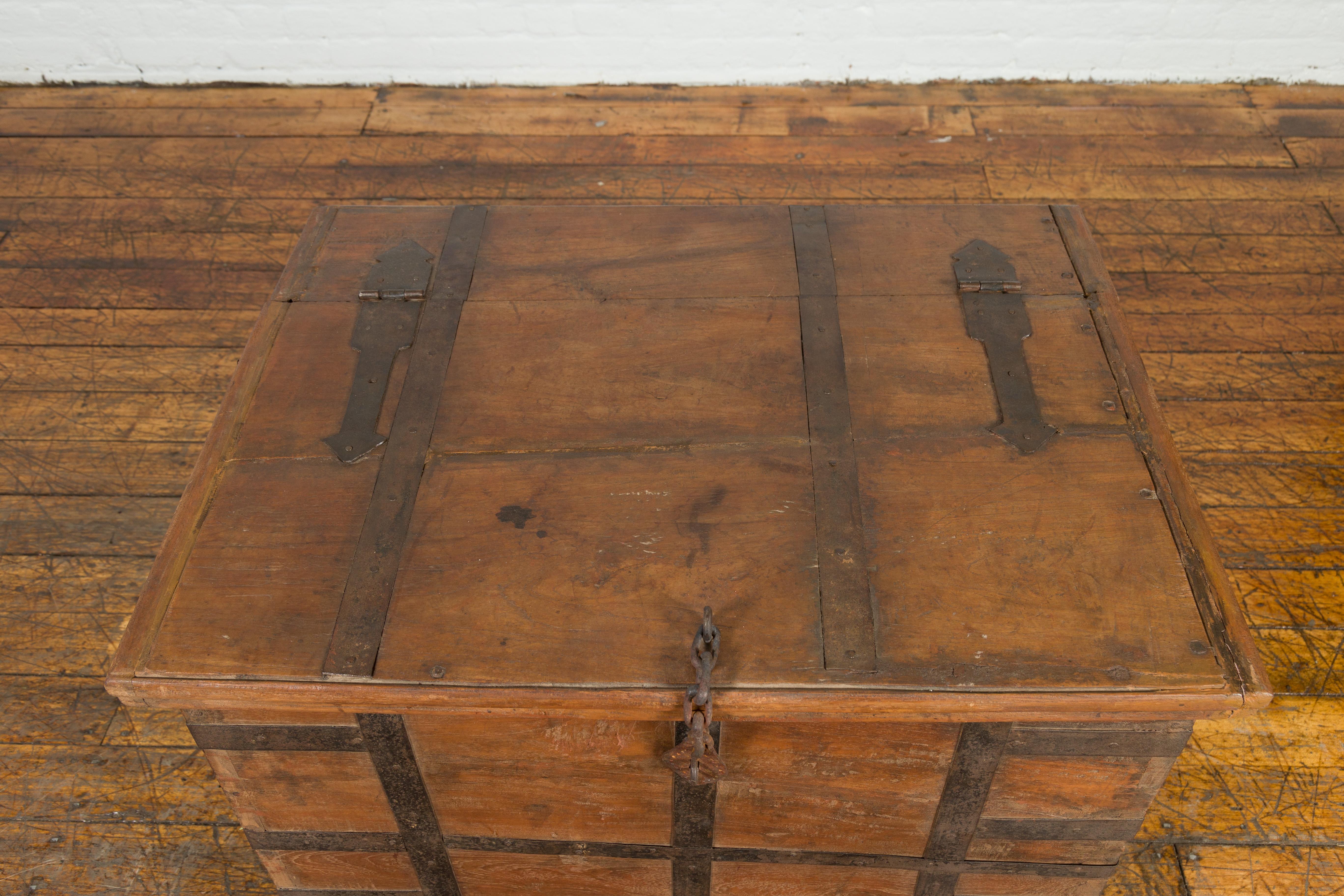 Rustic Indian 19th Century Wooden Trunk with Iron Hardware and Weathered Patina For Sale 3