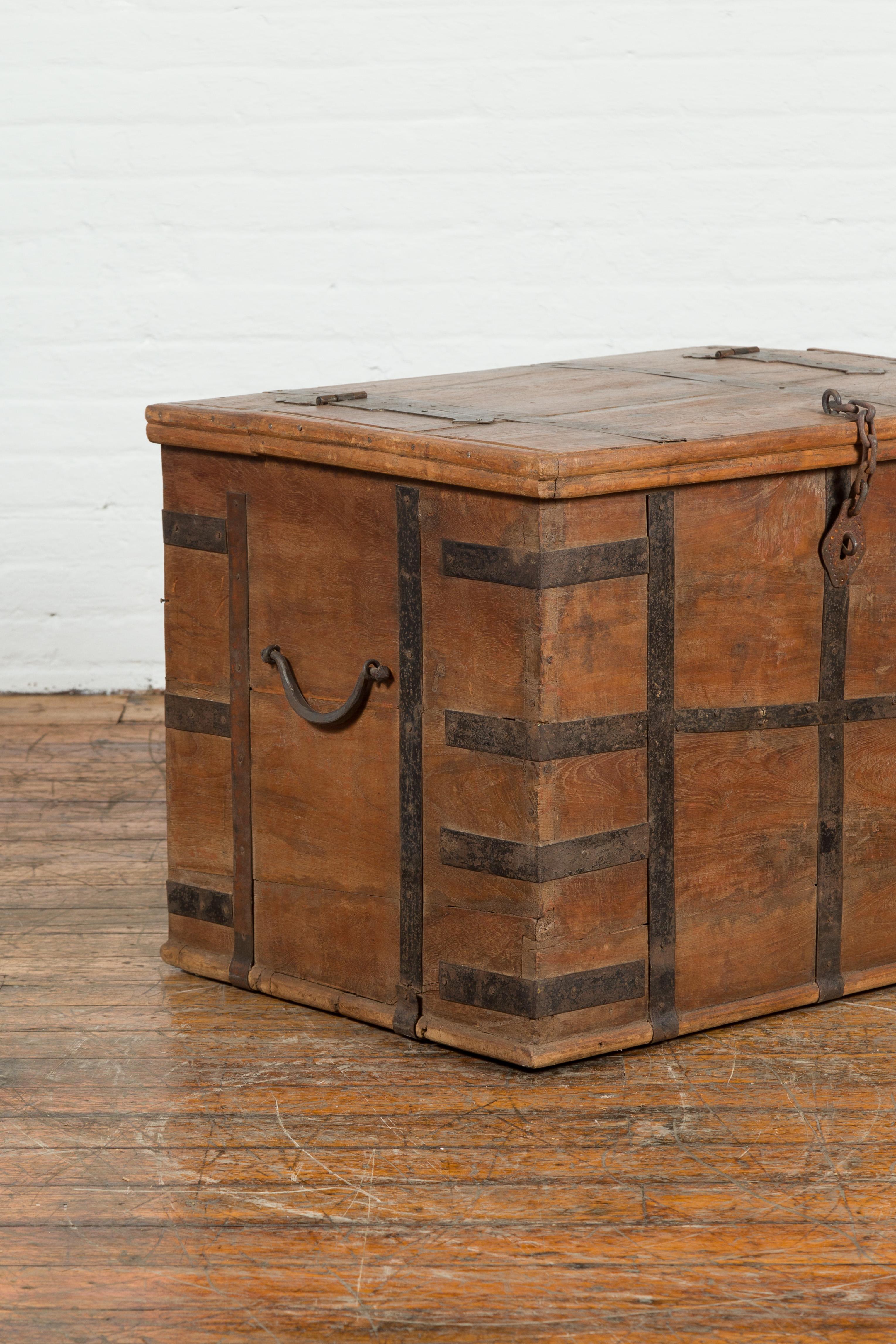 Rustic Indian 19th Century Wooden Trunk with Iron Hardware and Weathered Patina For Sale 4