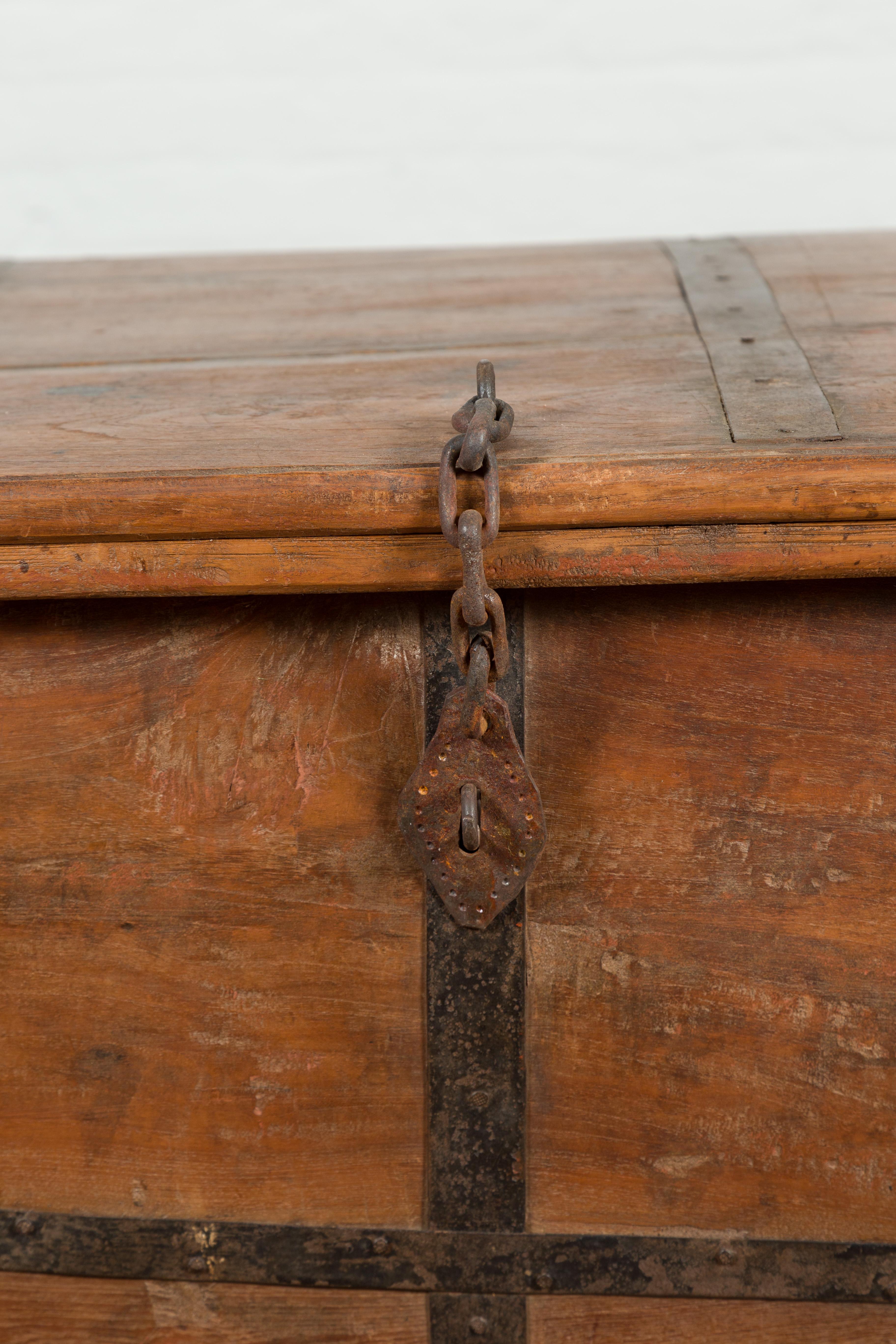 Rustic Indian 19th Century Wooden Trunk with Iron Hardware and Weathered Patina For Sale 5