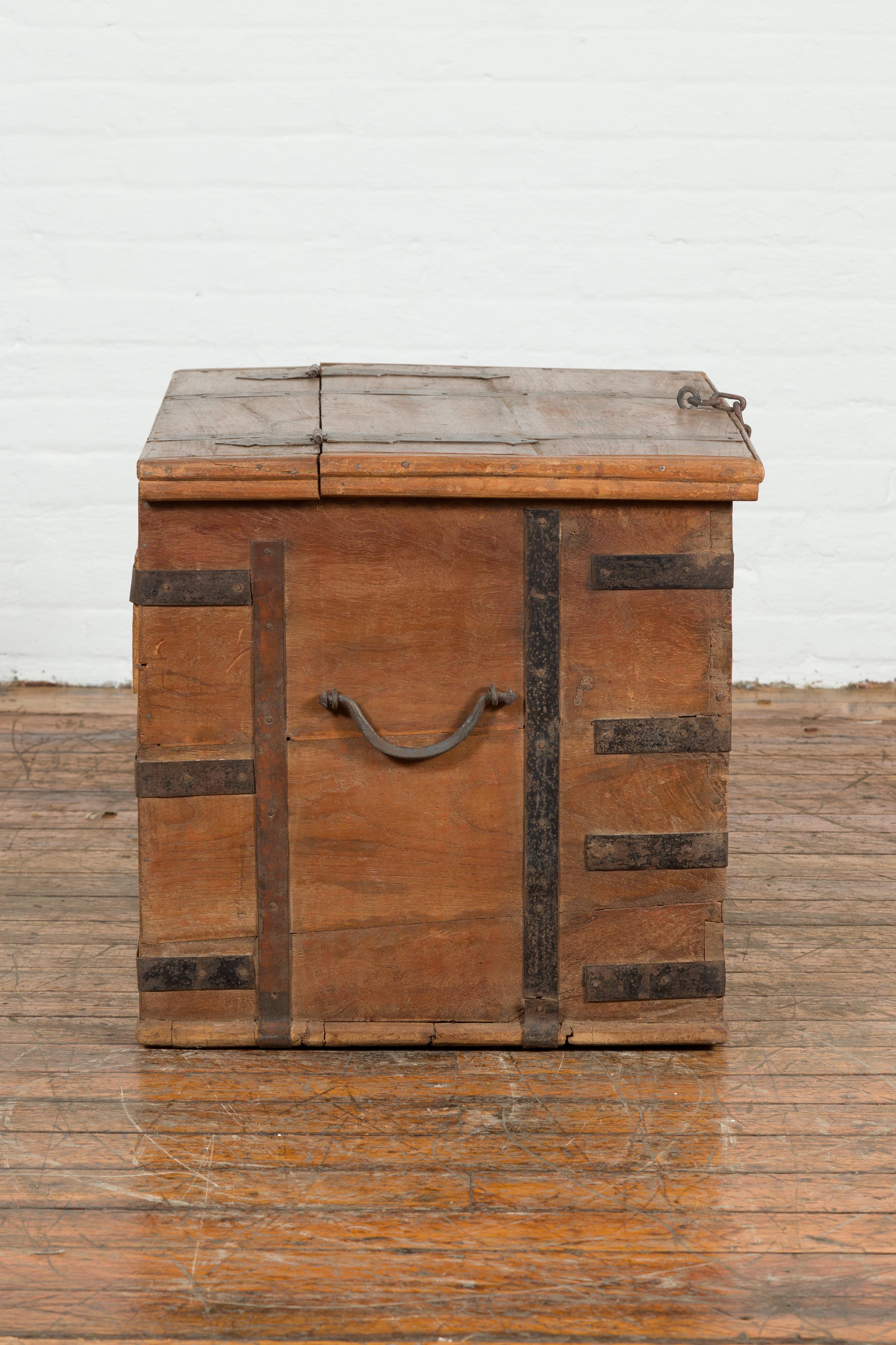 Rustic Indian 19th Century Wooden Trunk with Iron Hardware and Weathered Patina For Sale 6