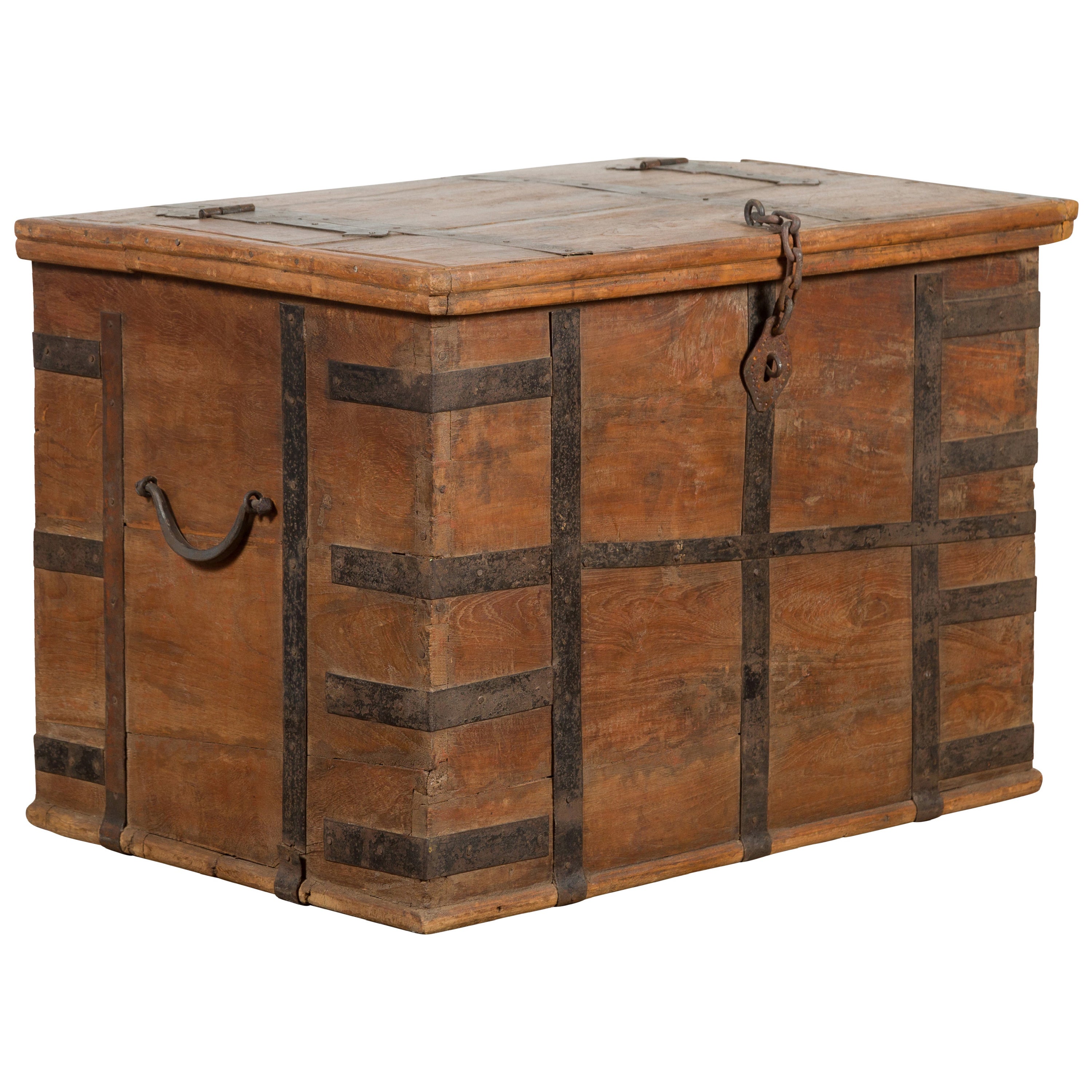 Rustic Indian 19th Century Wooden Trunk with Iron Hardware and Weathered Patina For Sale