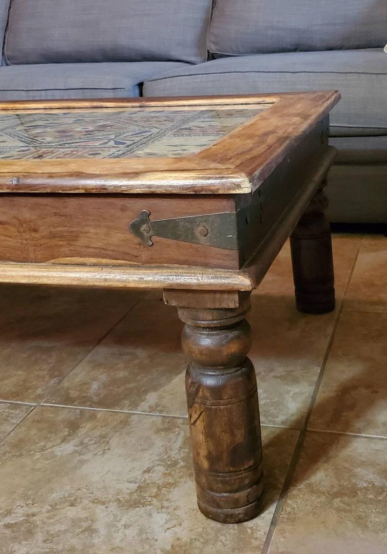 Rustic Indian Antique Embroidered Tapestry Coffee Table In Good Condition In Forney, TX