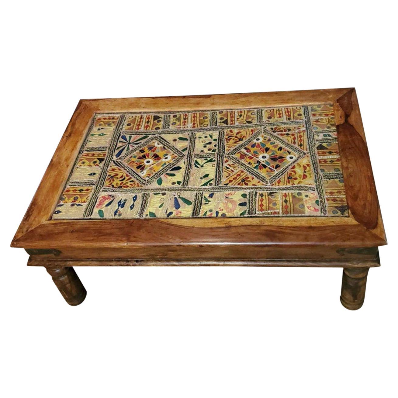 Rustic Indian Antique Embroidered Tapestry Coffee Table