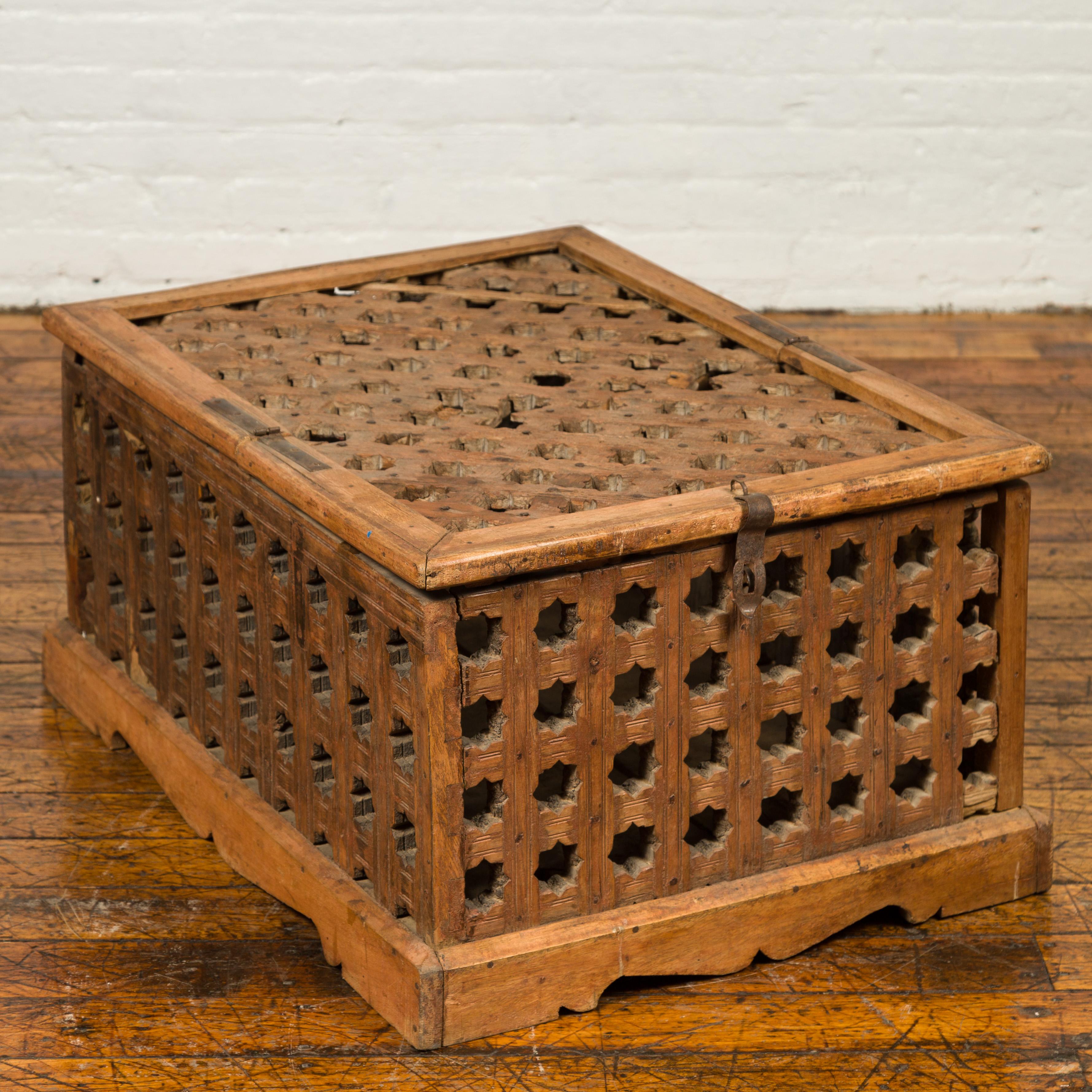 Rustic Indian Antique Food Box with Pierced Star Motifs and Bracketed Plinth For Sale 5