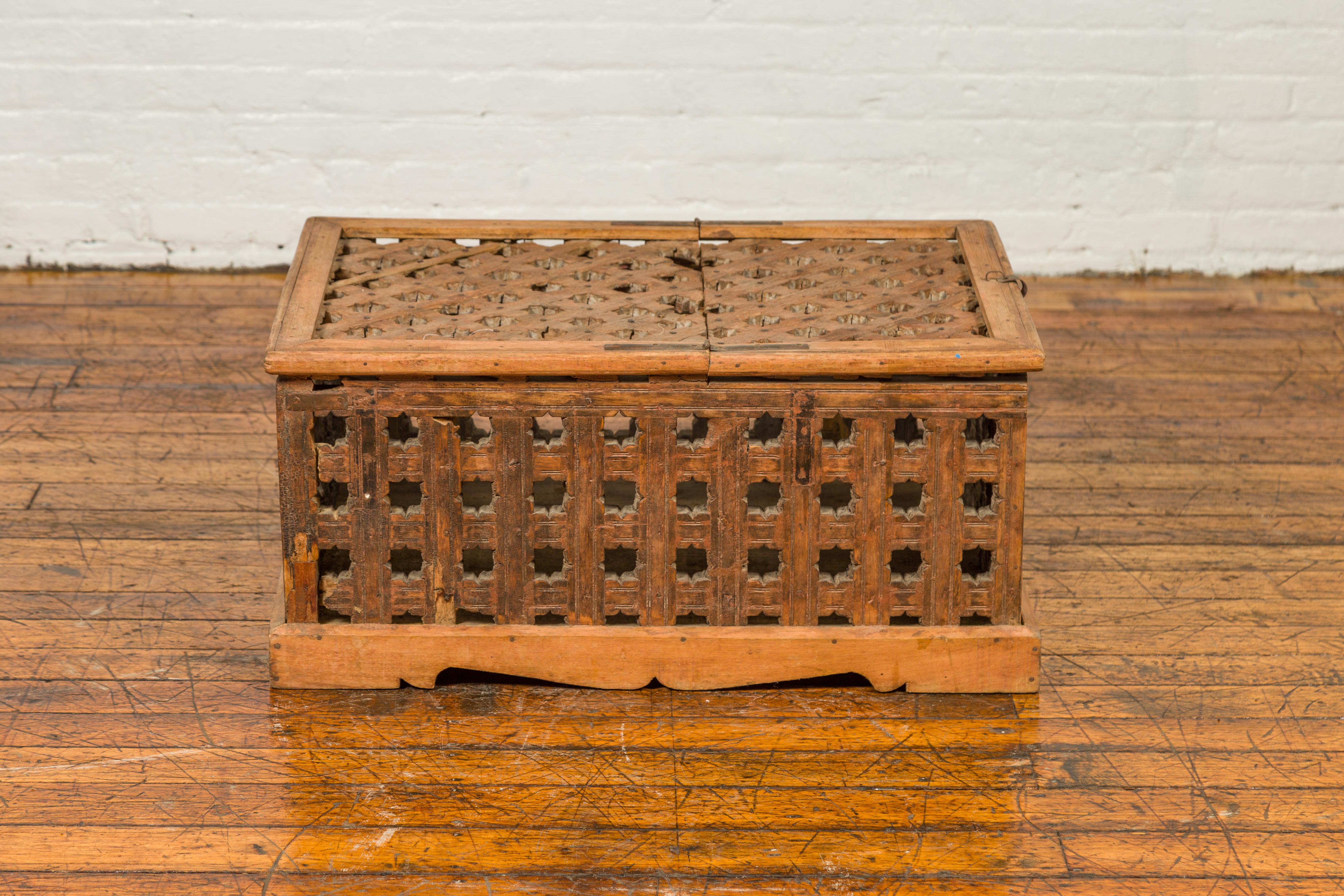 Rustic Indian Antique Food Box with Pierced Star Motifs and Bracketed Plinth For Sale 6