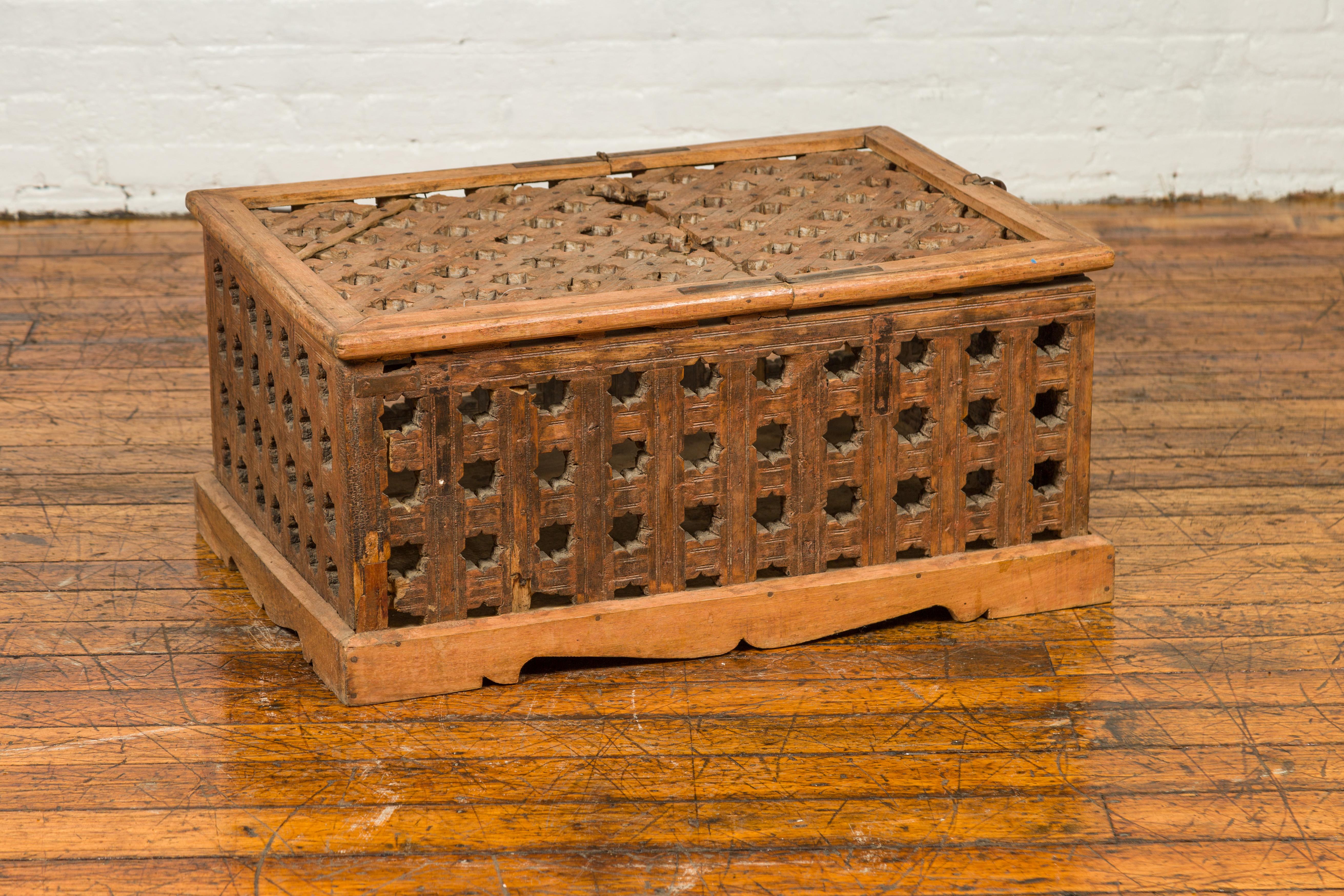 Rustic Indian Antique Food Box with Pierced Star Motifs and Bracketed Plinth For Sale 7