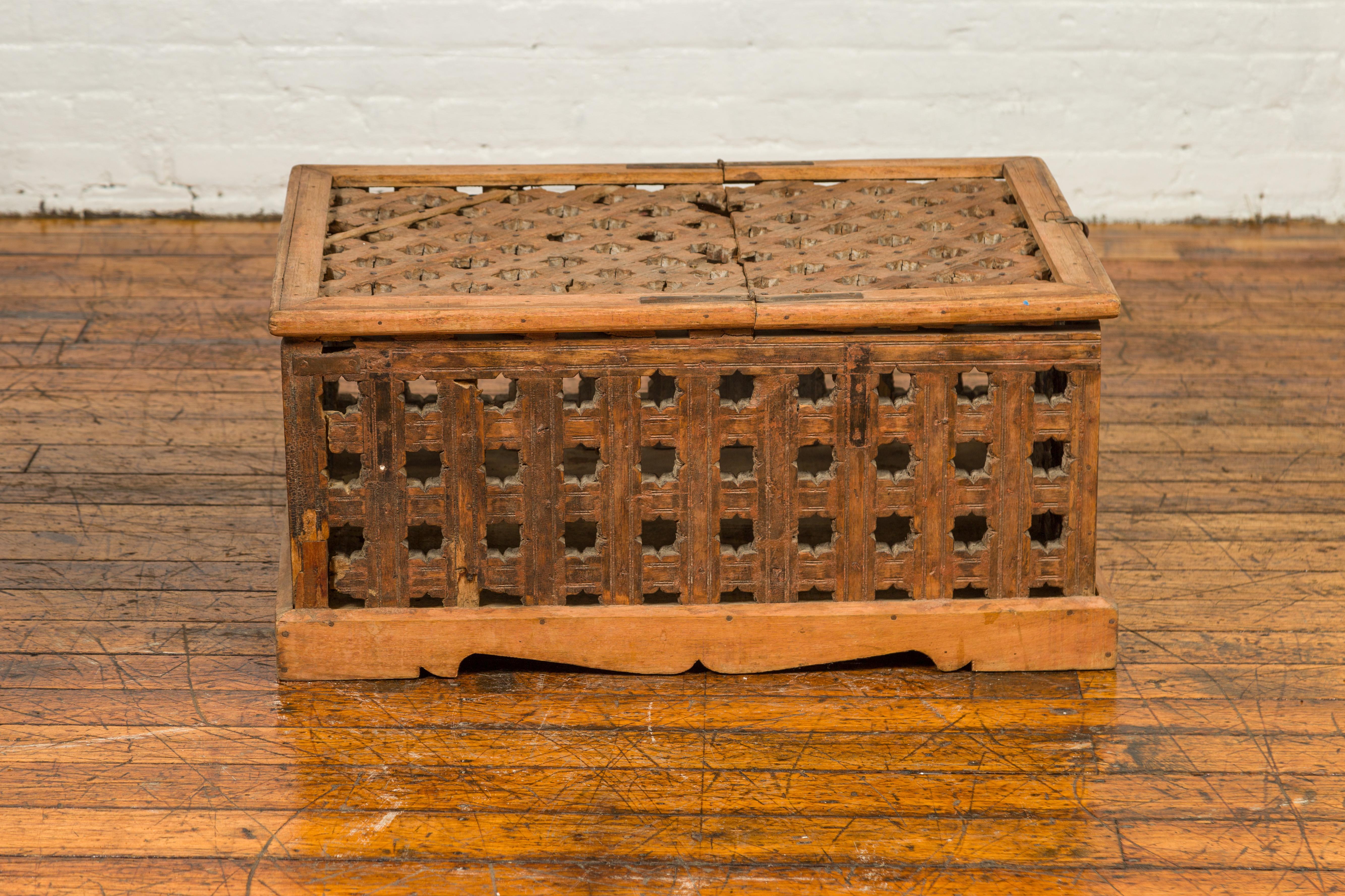 Rustic Indian Antique Food Box with Pierced Star Motifs and Bracketed Plinth For Sale 8