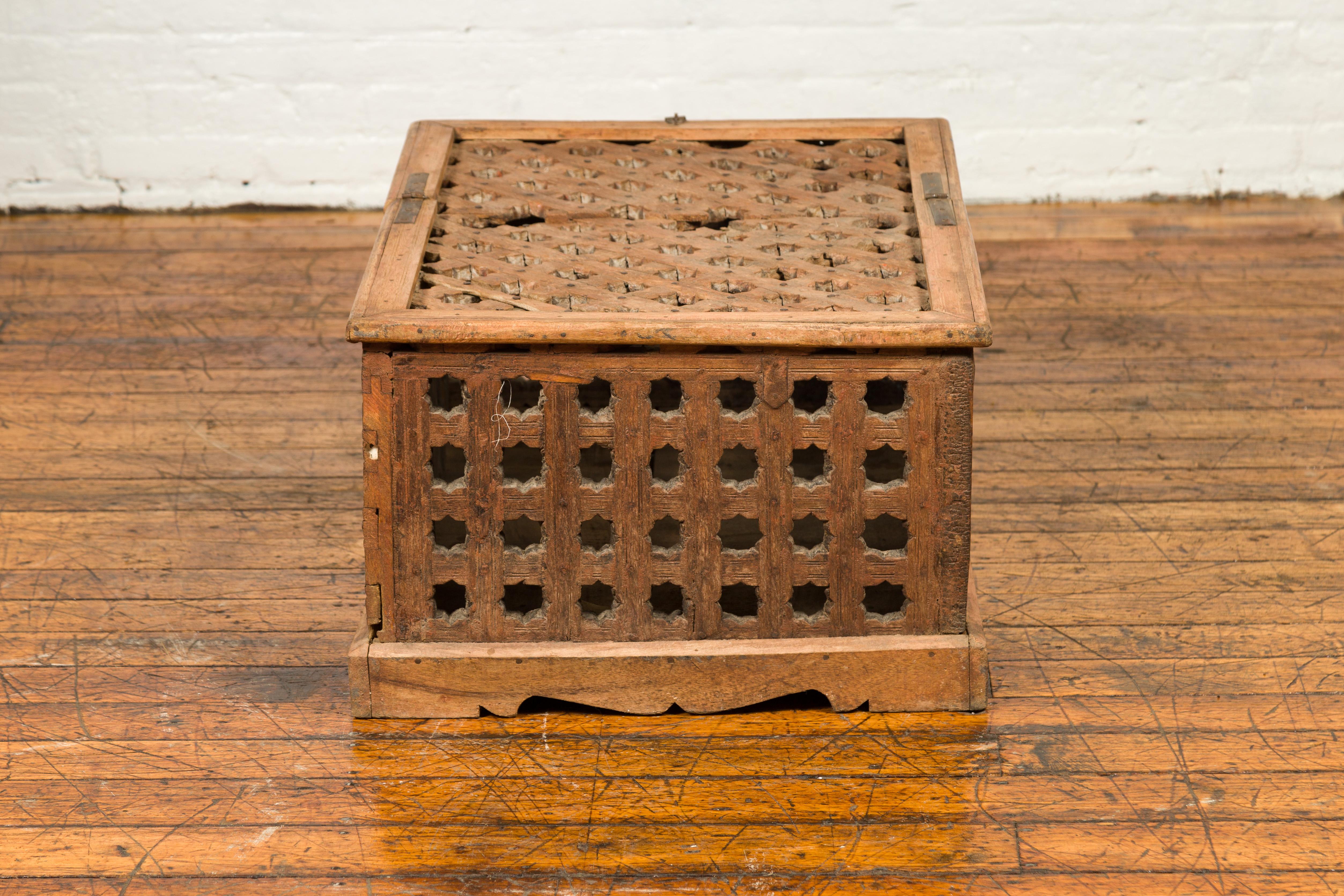 Rustic Indian Antique Food Box with Pierced Star Motifs and Bracketed Plinth For Sale 10
