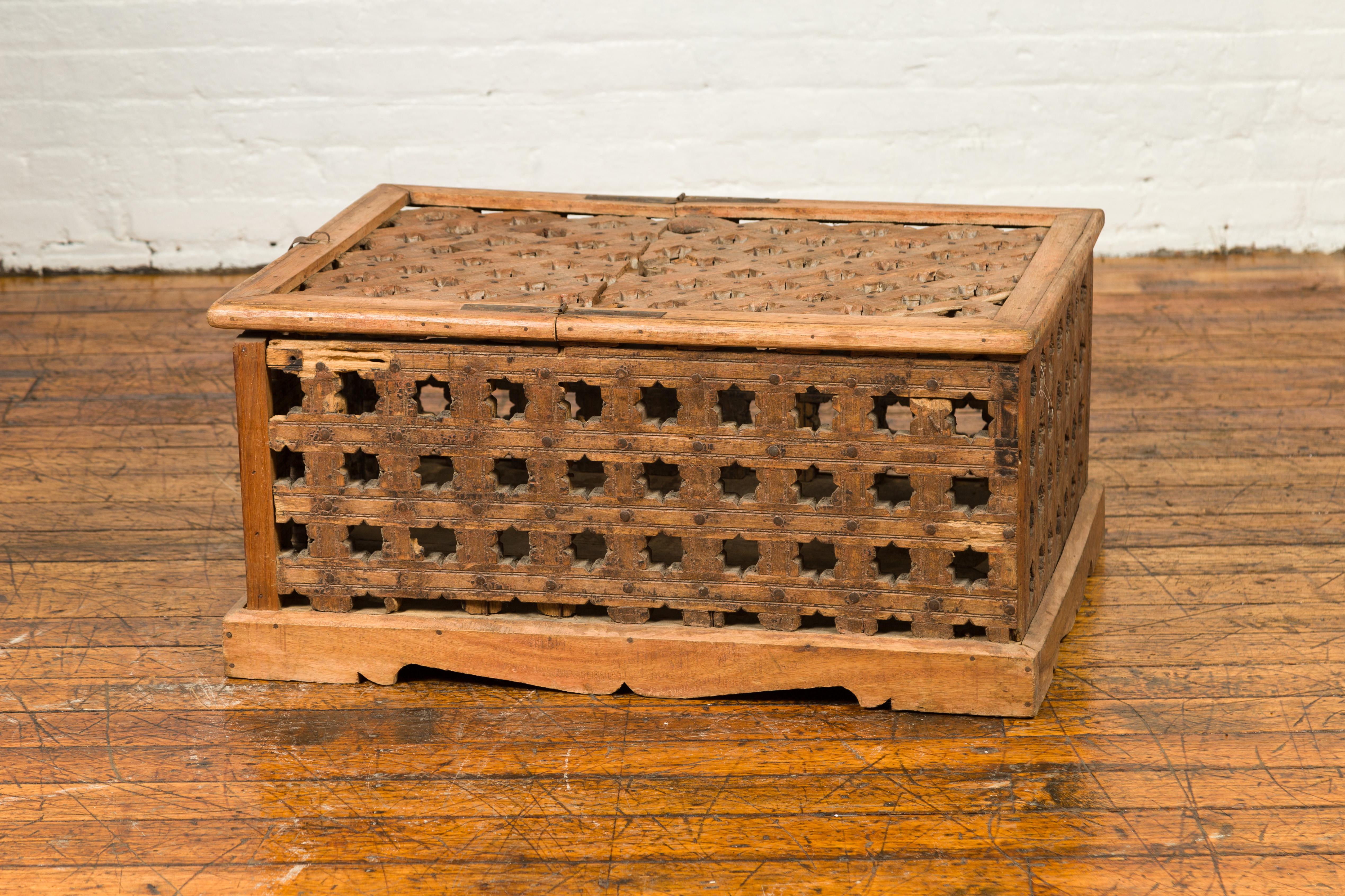 Rustic Indian Antique Food Box with Pierced Star Motifs and Bracketed Plinth For Sale 11
