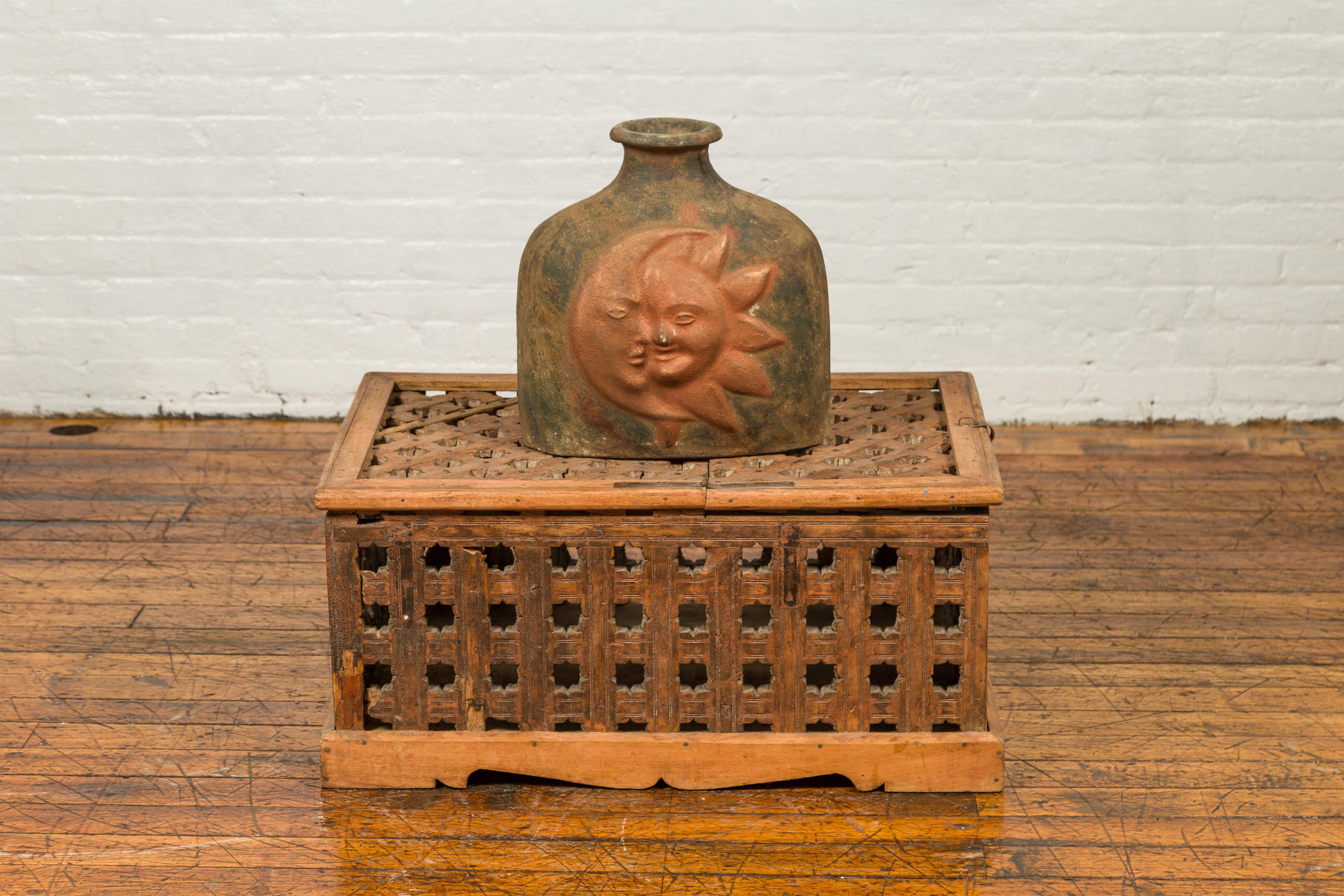 Rustic Indian Antique Food Box with Pierced Star Motifs and Bracketed Plinth In Good Condition For Sale In Yonkers, NY