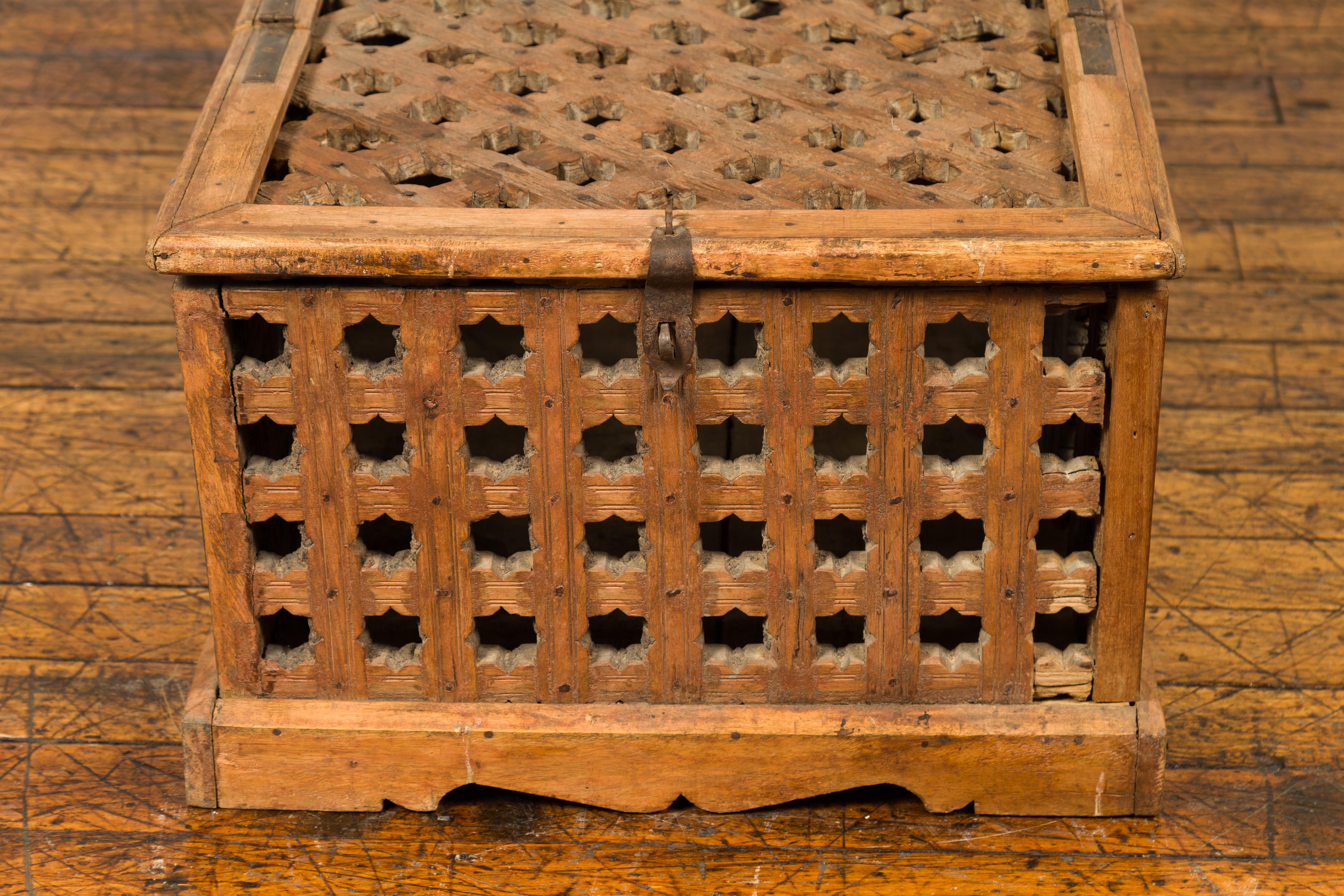 19th Century Rustic Indian Antique Food Box with Pierced Star Motifs and Bracketed Plinth For Sale