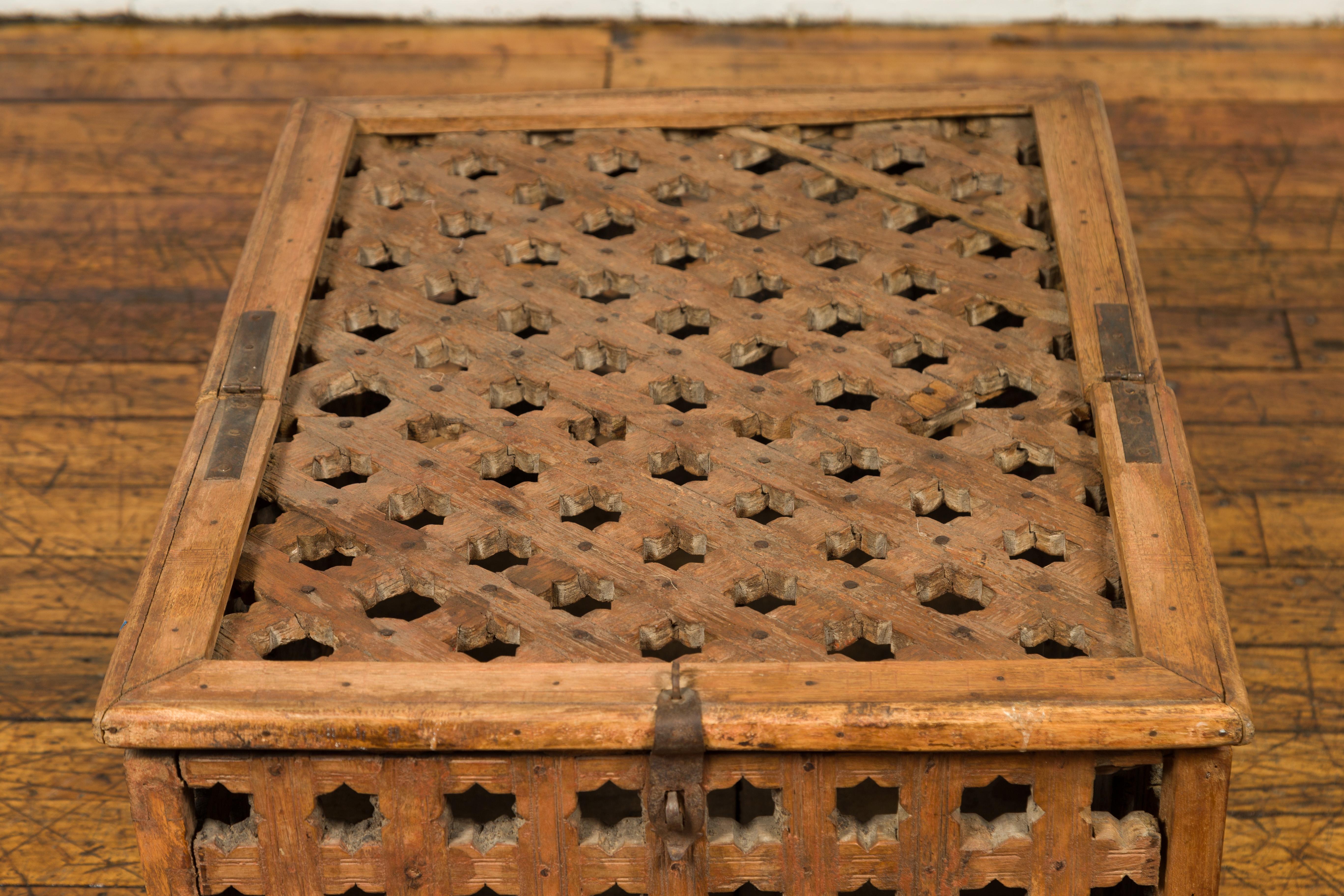 Wood Rustic Indian Antique Food Box with Pierced Star Motifs and Bracketed Plinth For Sale