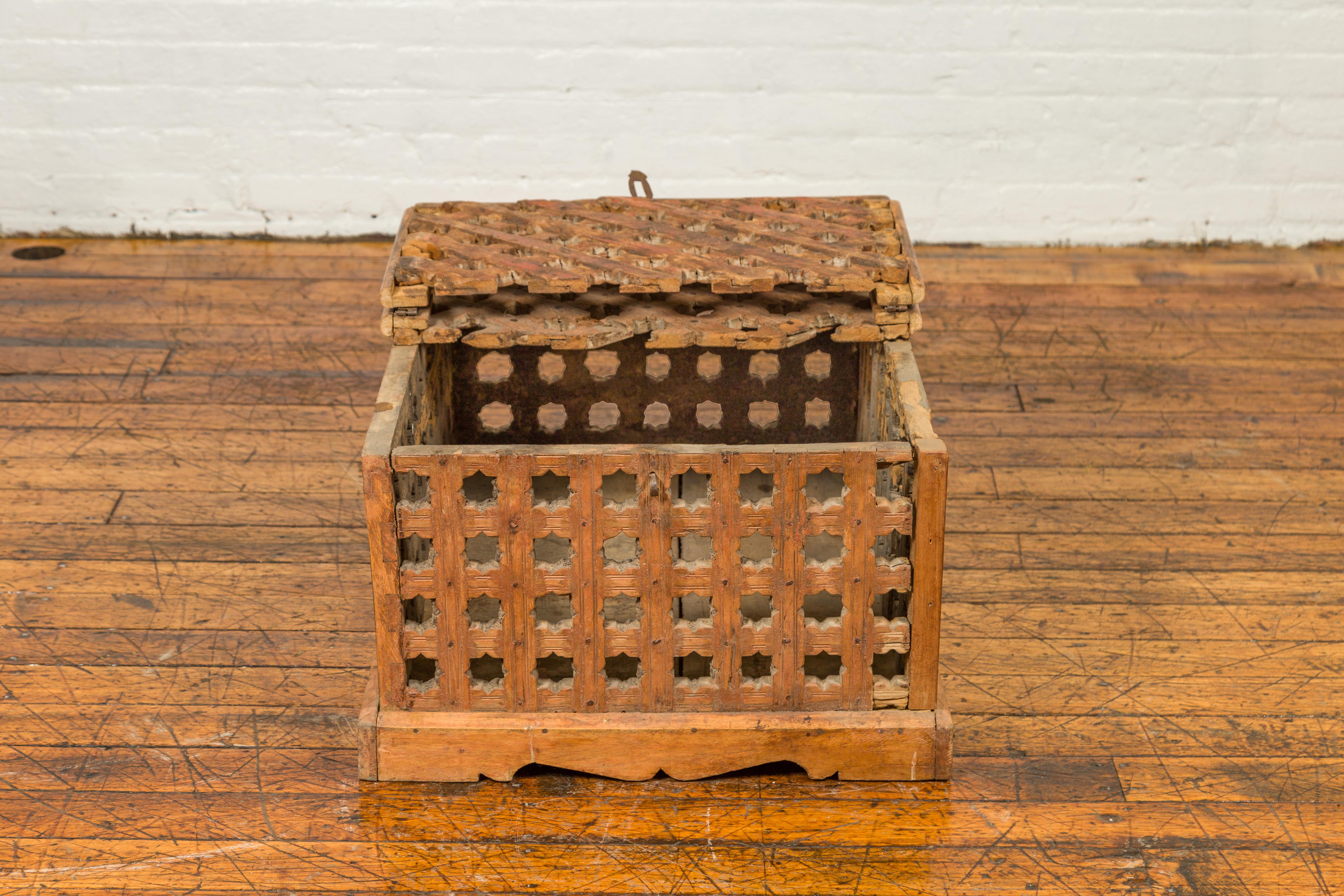 Rustic Indian Antique Food Box with Pierced Star Motifs and Bracketed Plinth For Sale 3